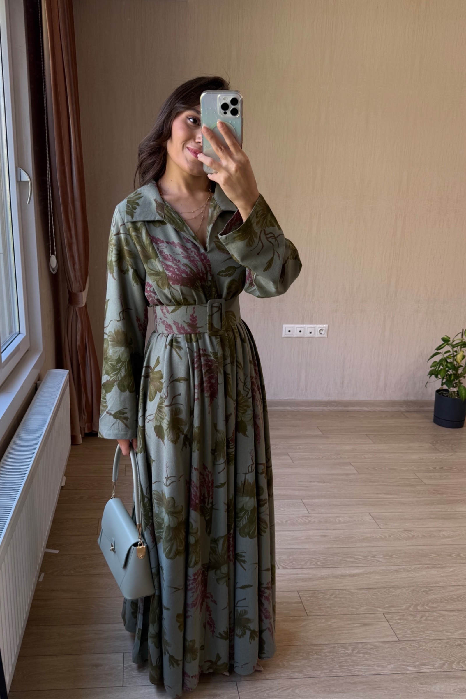 Valentina Oversize Kemerli Keten Kumaş Gömlek Elbise - Haki