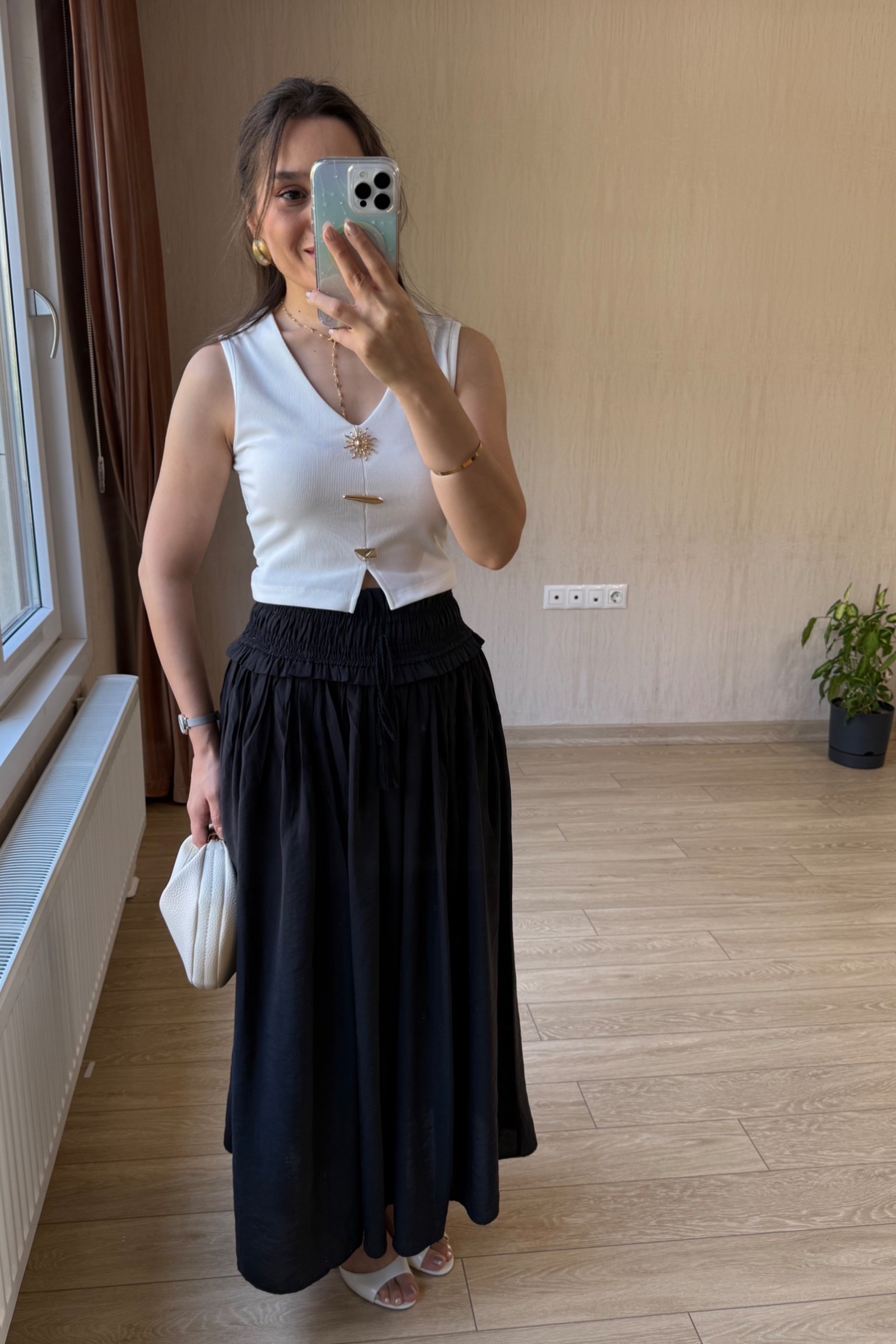 Manolya Beli Lastikli Tensel-Modal Kumaş Etek