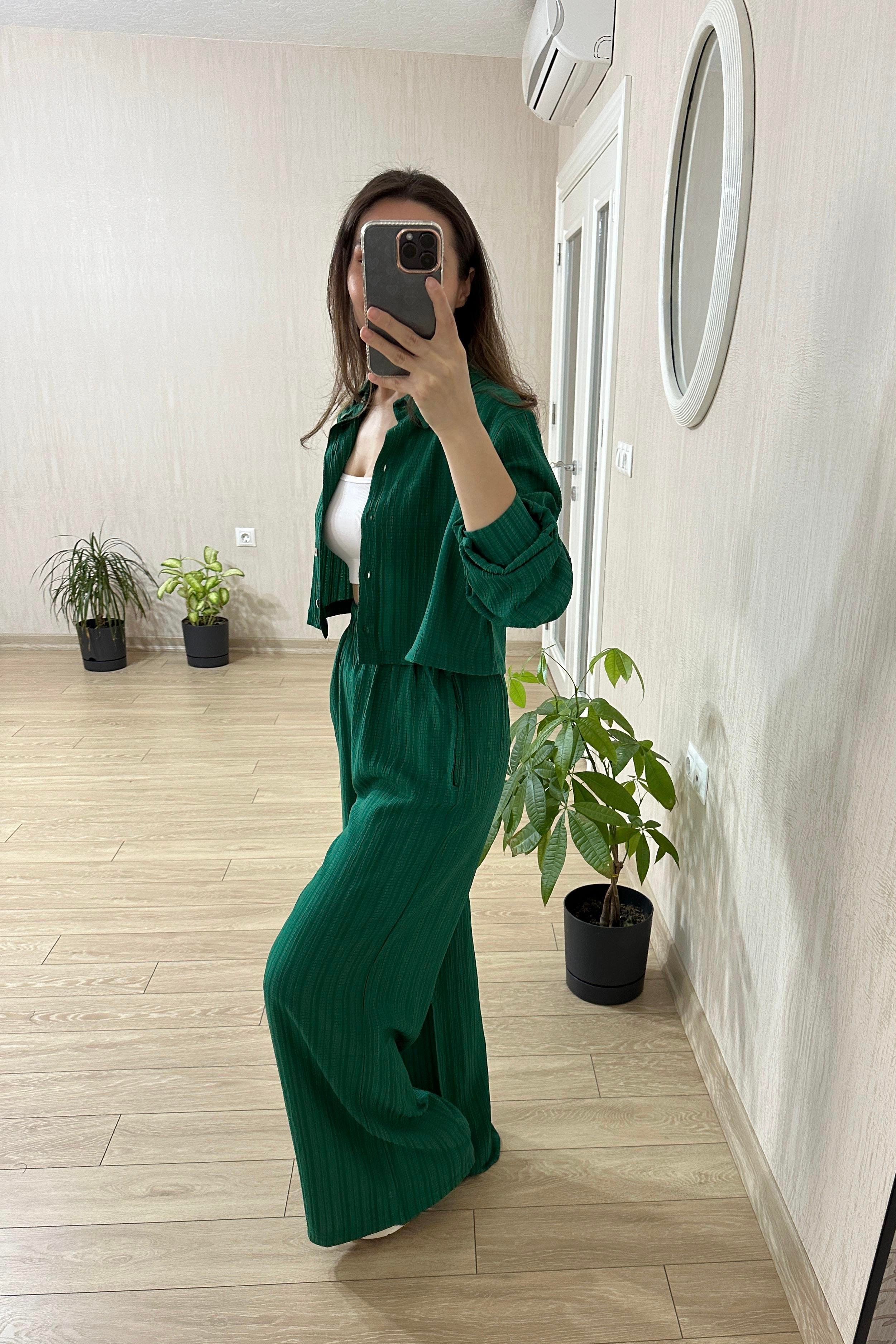 Lena Zümrüt Yeşili Kısa Gömlekli Gofre Takım