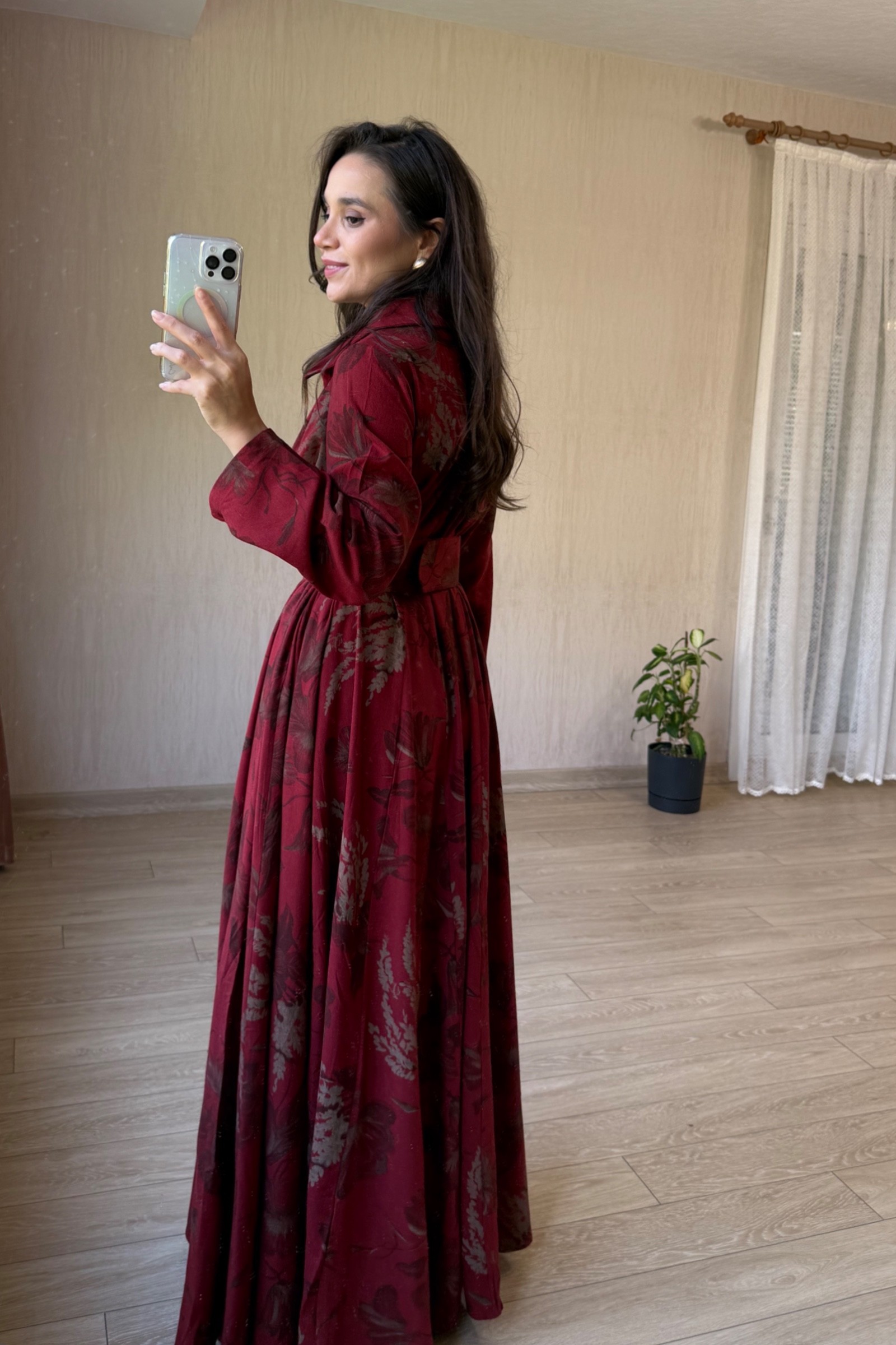 Valentina Oversize Kemerli Keten Kumaş Gömlek Elbise - Bordo