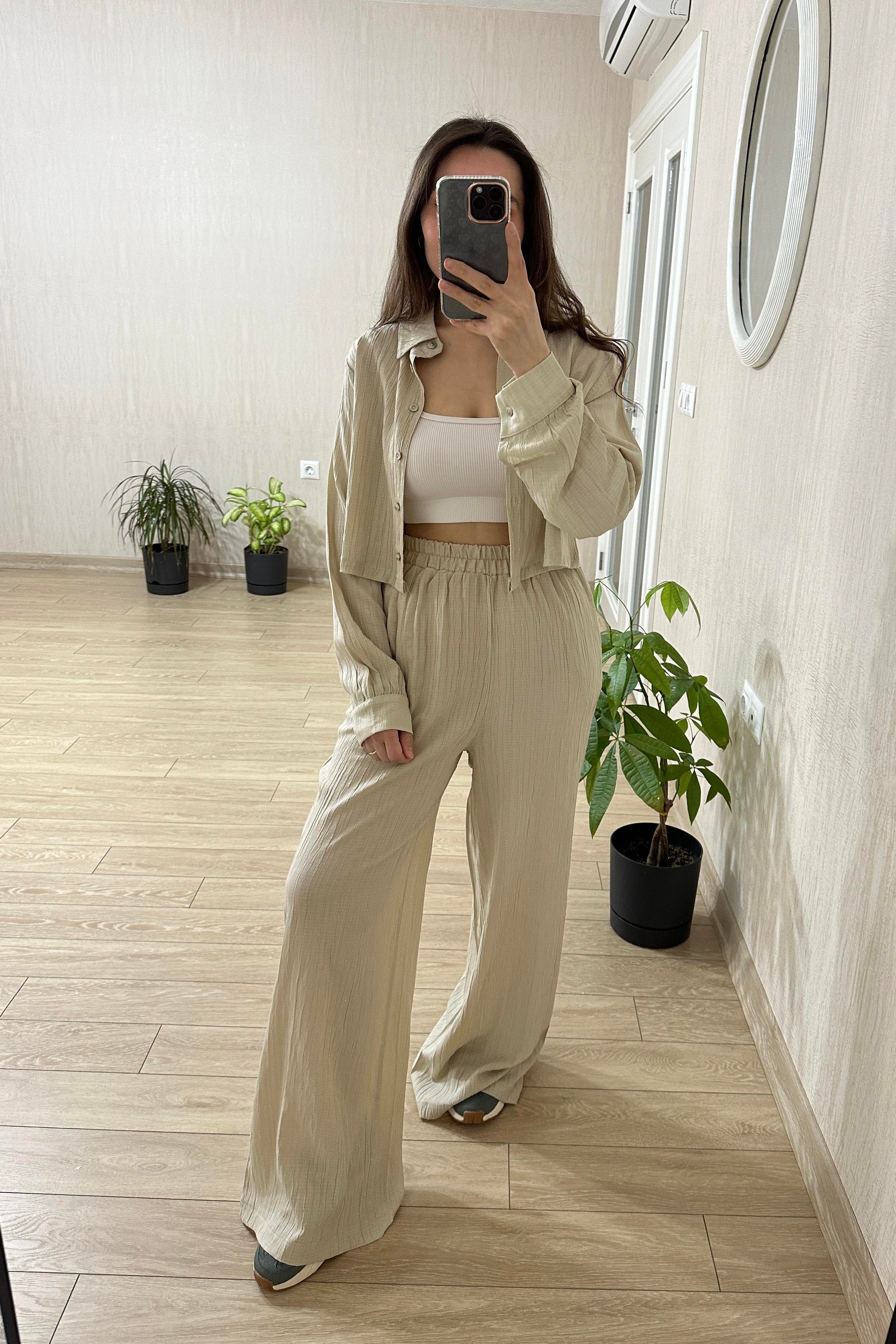 Lena Bej Kısa Gömlekli Gofre Takım