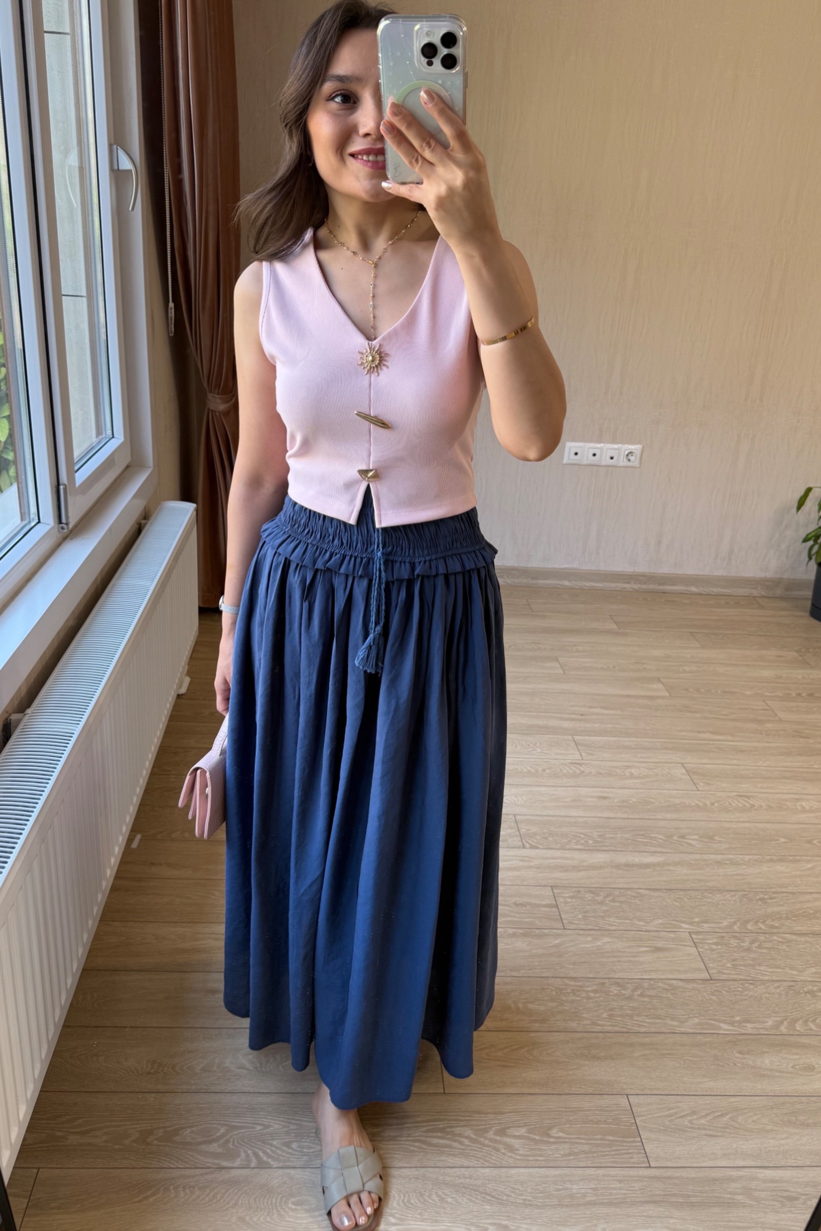 Manolya Beli Lastikli Tensel-Modal Kumaş Etek - Lacivert