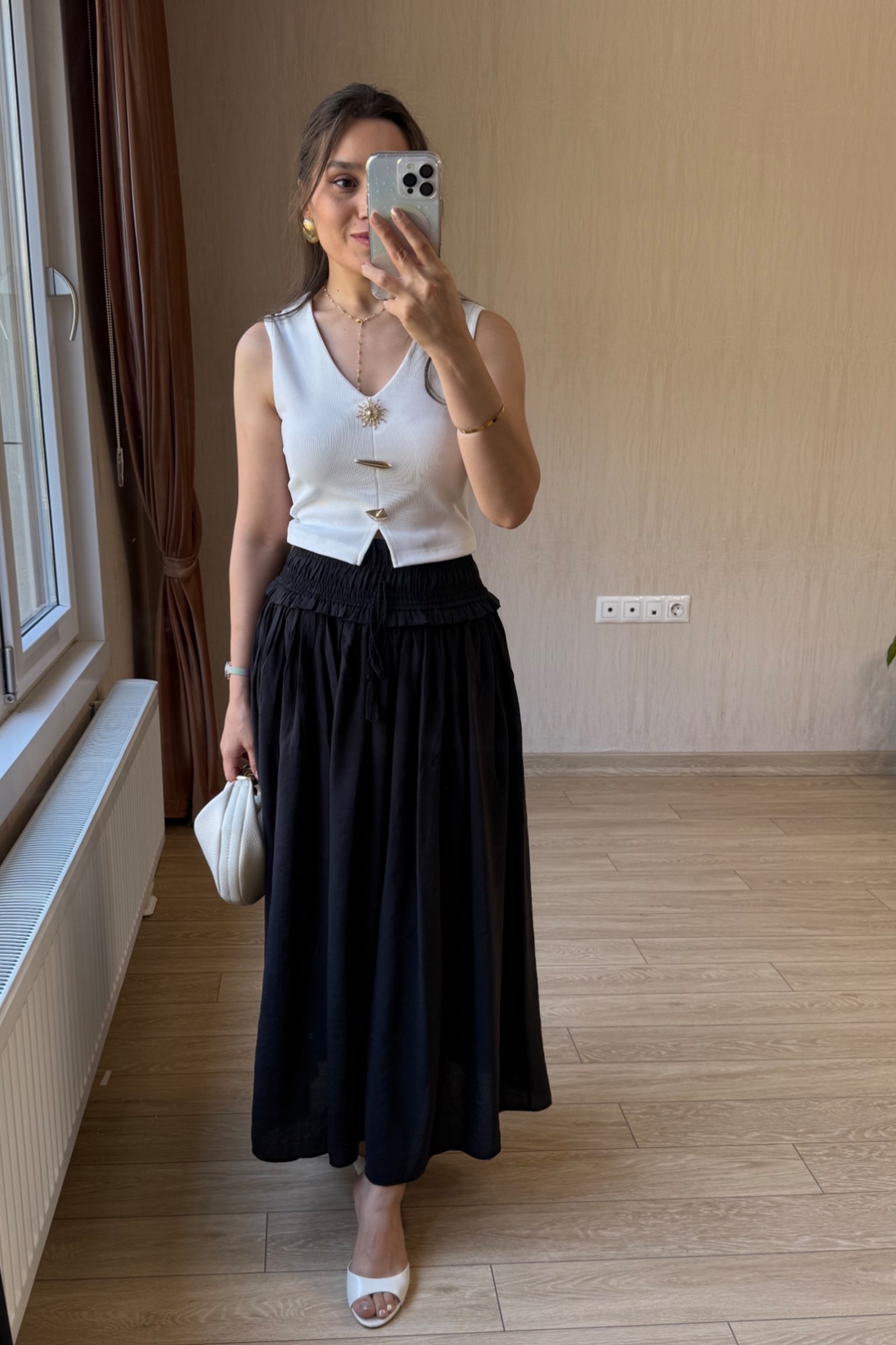 Manolya Beli Lastikli Tensel-Modal Kumaş Etek - Siyah
