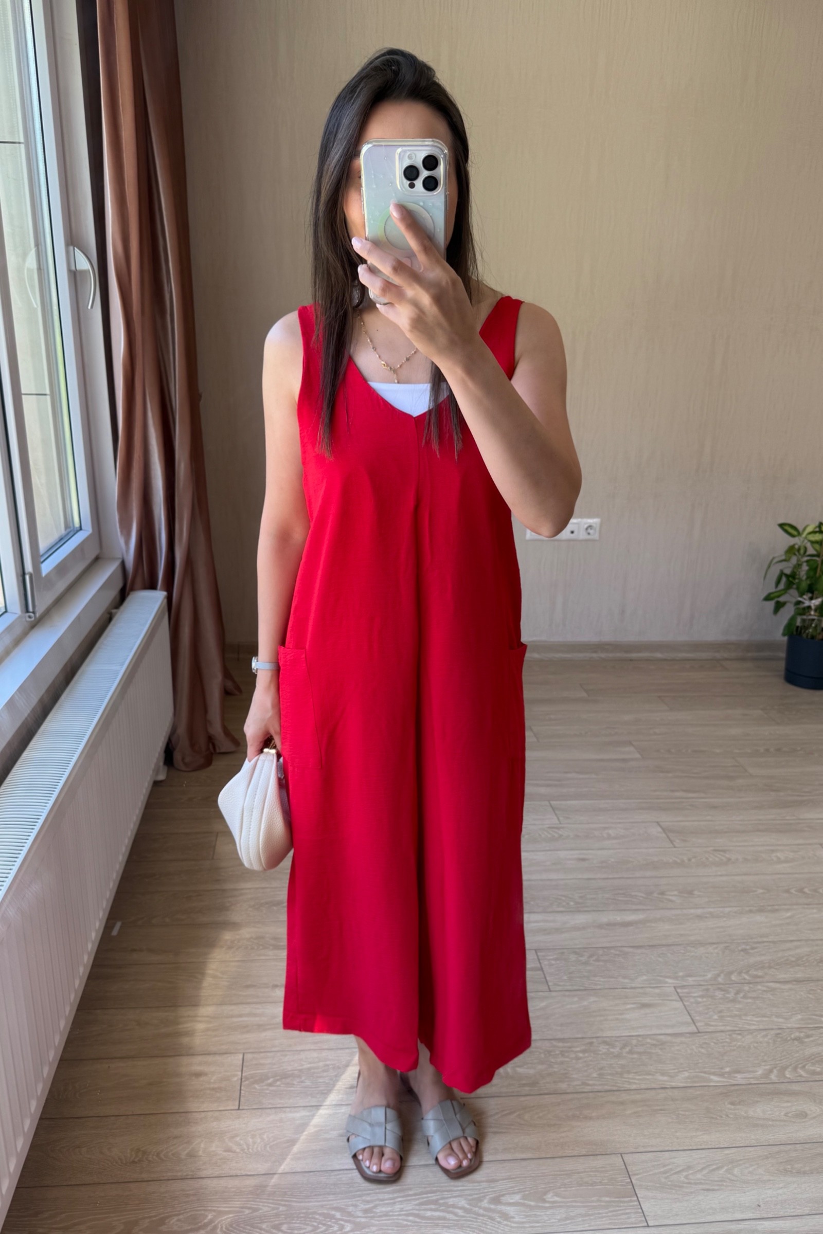Lesli Arkası Bağlamalı Ayrobin Kumaş Tulum - Kırmızı