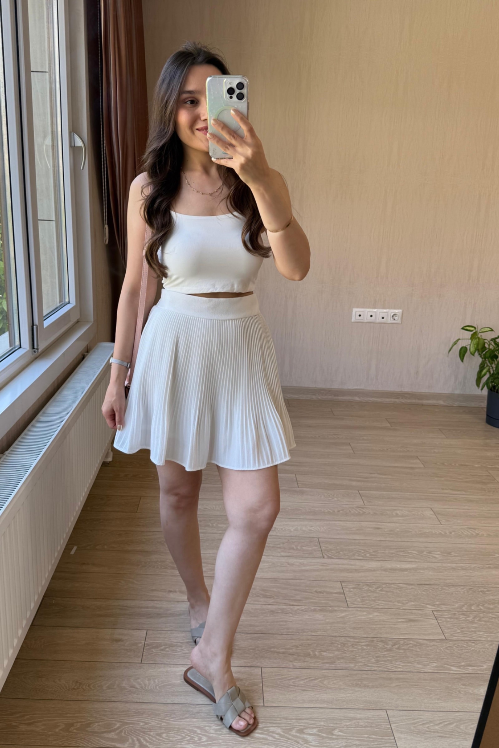 Sonya Pileli Şort Etek - Quzu  - Beyaz