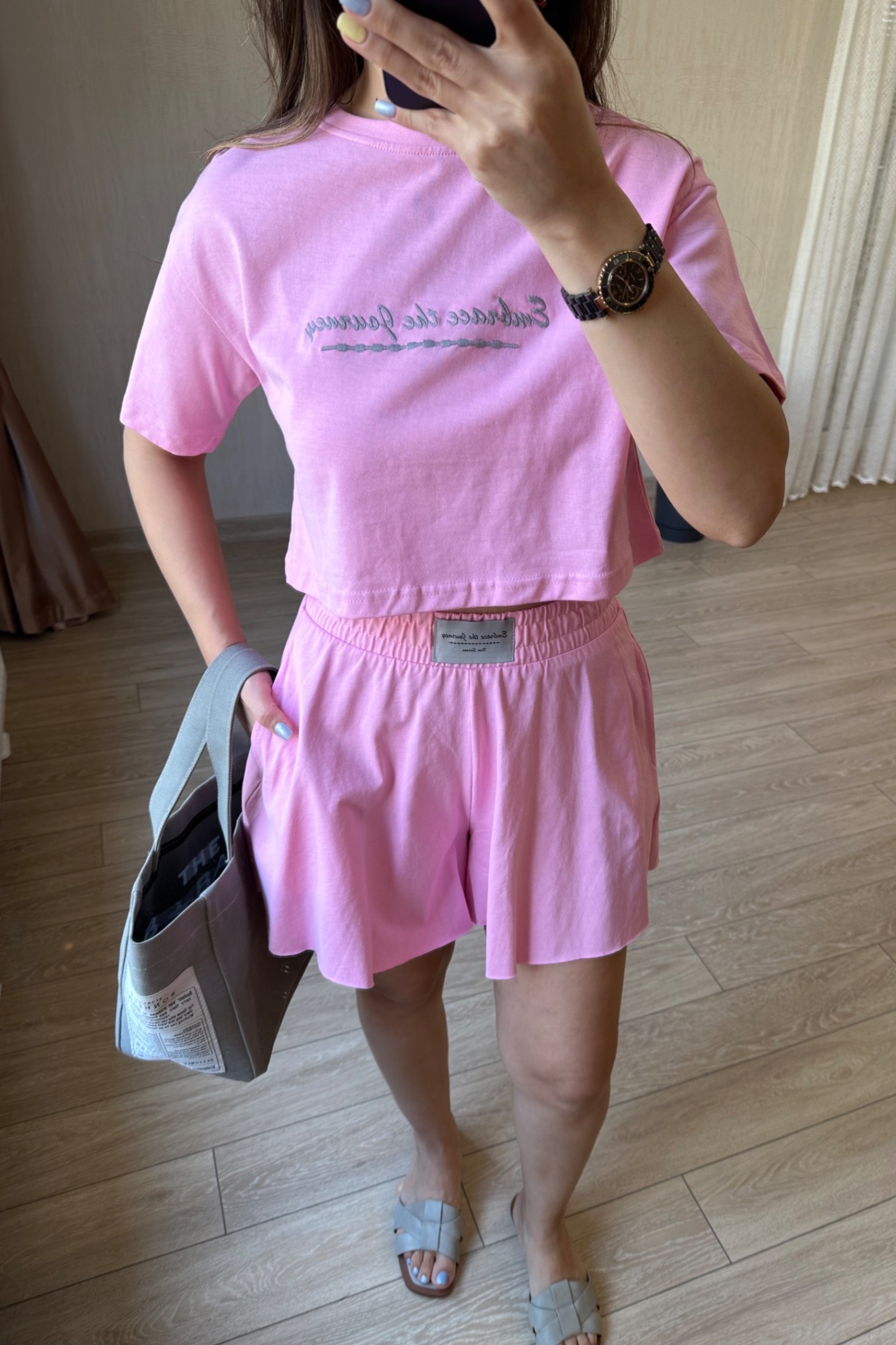 Mily İki İplik Kumaş Şort Tişört Takım - Pembe