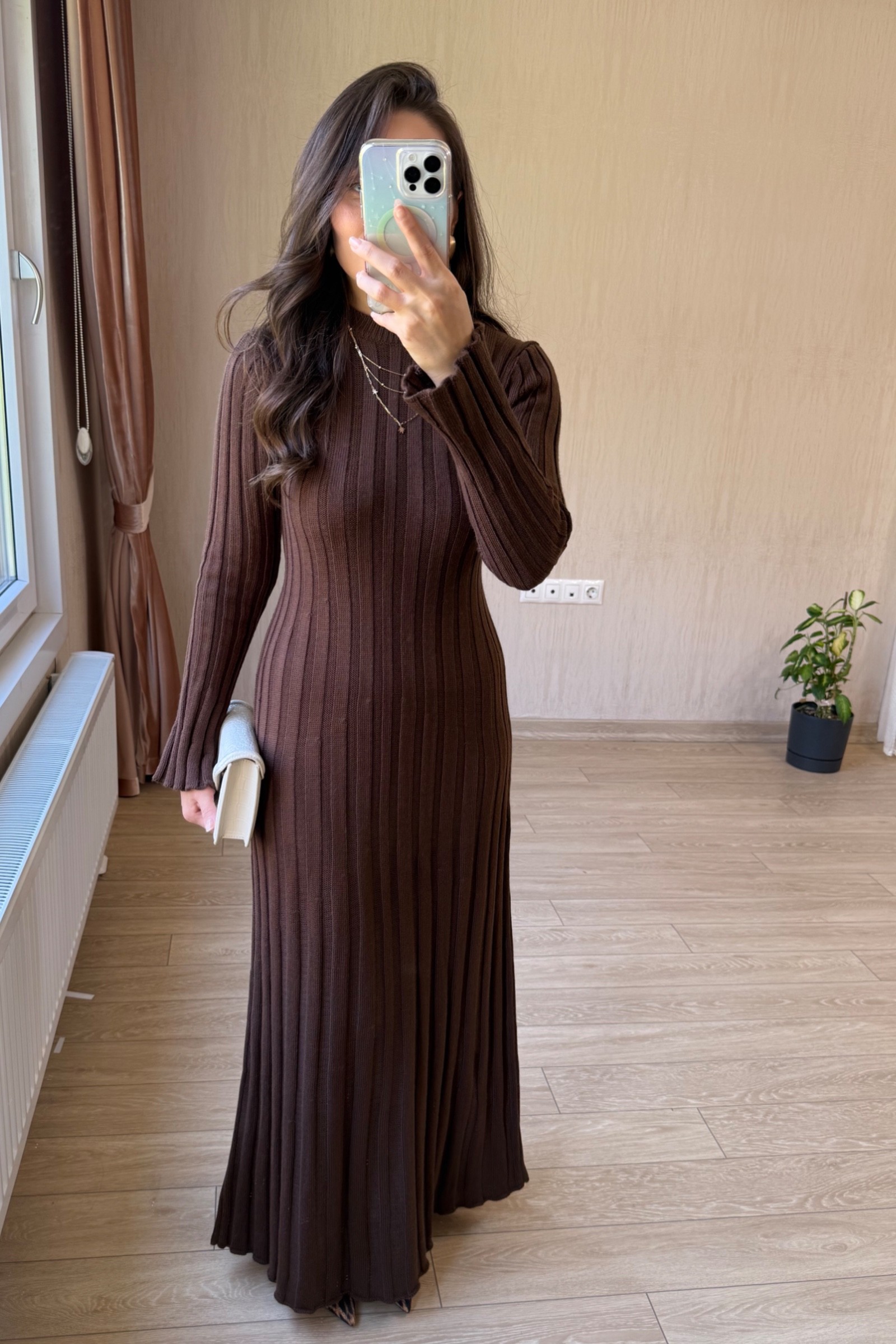 Amor Premium Kumaş Triko Elbise - Kahverengi