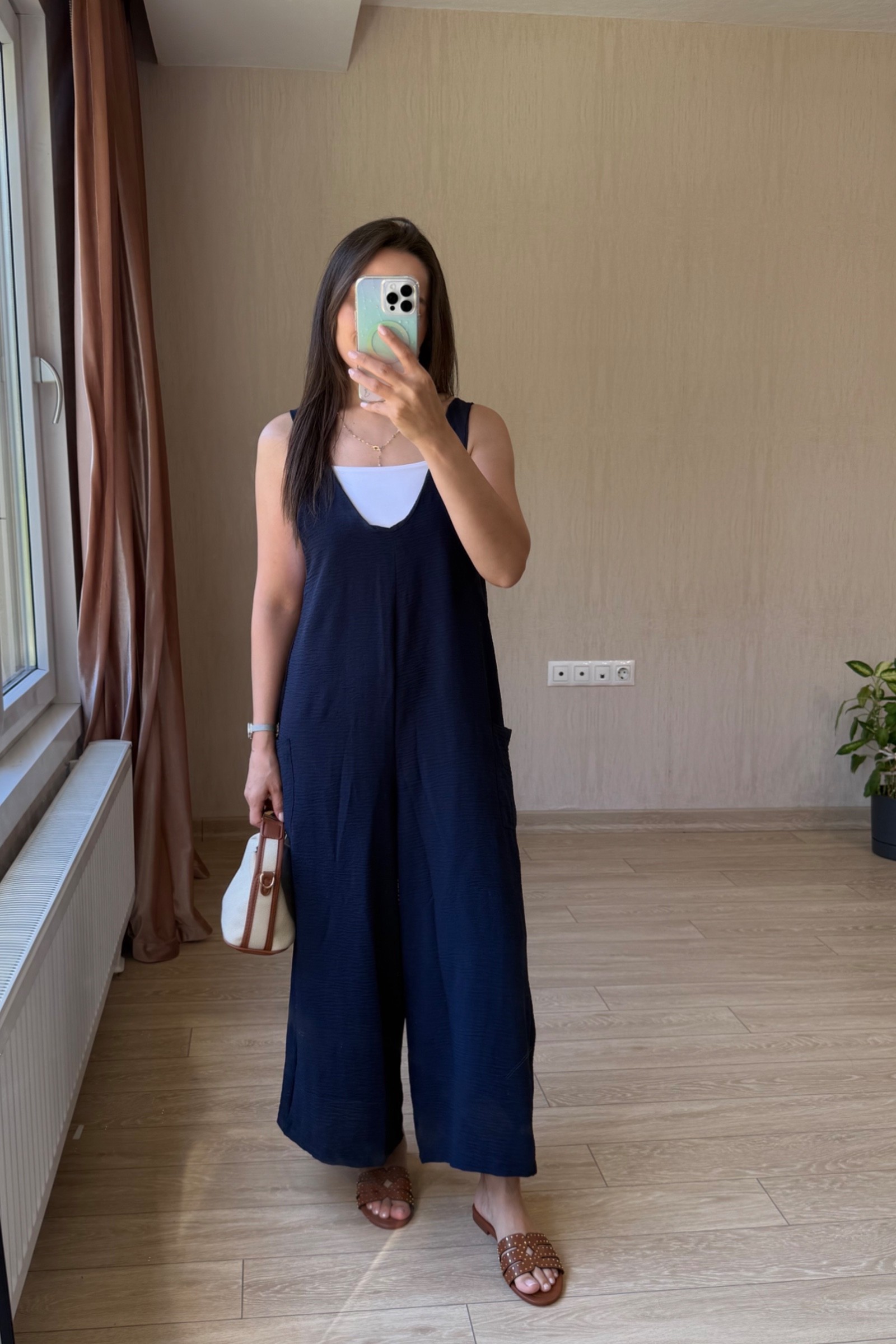 Lesli Arkası Bağlamalı Ayrobin Kumaş Tulum - Lacivert