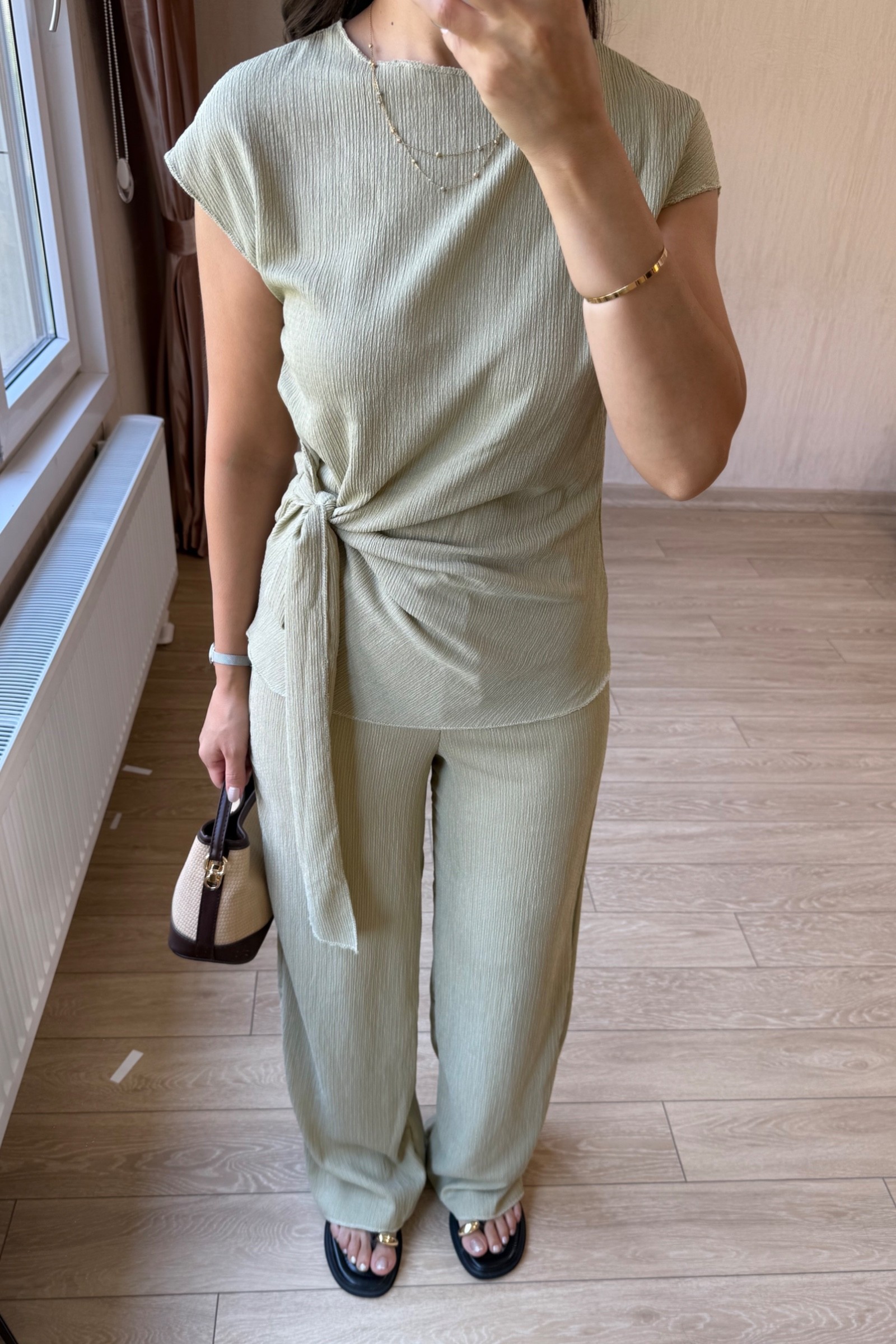Carina Bağlama Detaylı  Bürümcük Kumaş Takım - Mint Yeşili