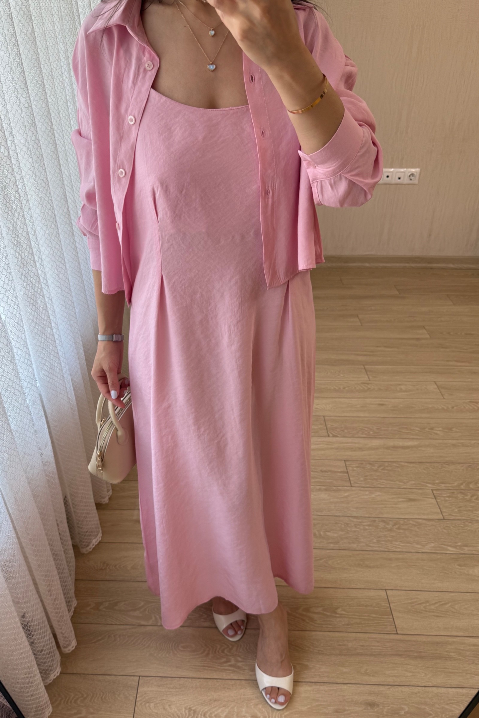 Silva Maksi Boy Askılı Tensel Kumaş Gömlekli Elbise Takım - Pembe