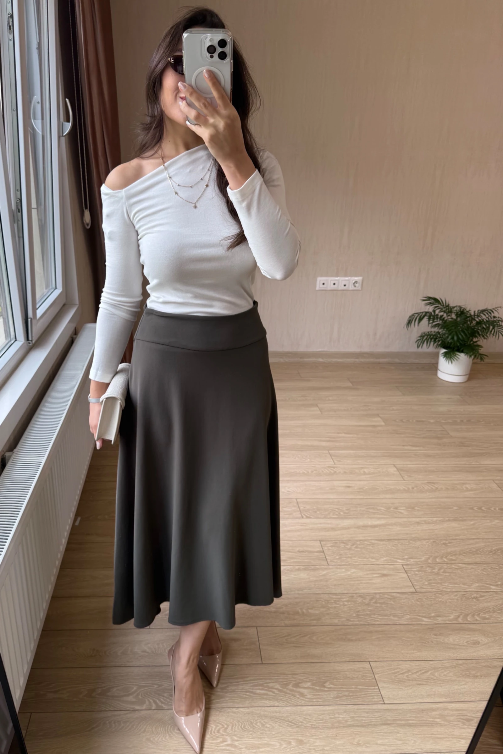 Vivora Diagonel Kumaş Korsaj Kemerli Yandan Gizli Fermuarli Çan Etek - Haki