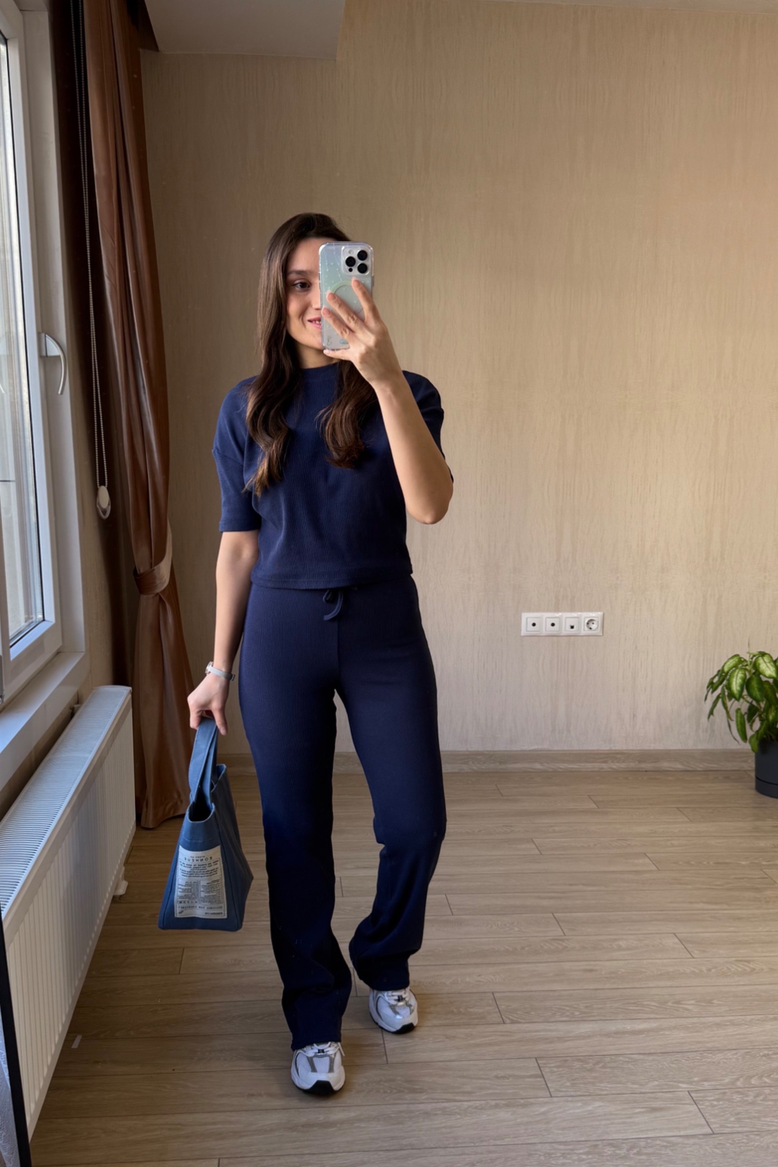 Yanessa Kısa Kollu Fitilli Kumaş Takım - Lacivert