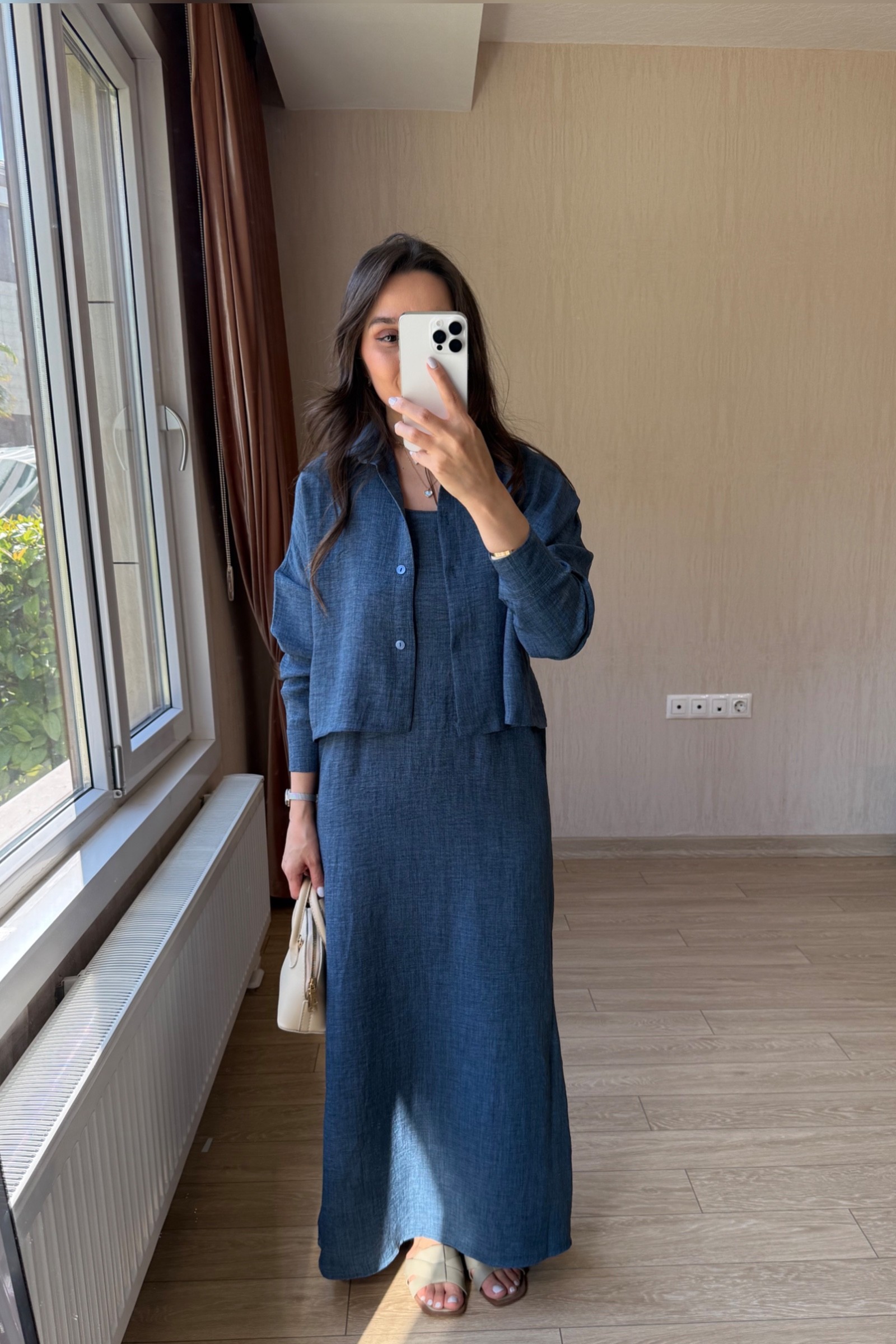 Tessia Maksi Boy Askılı Sofya Keten Kumaş Gömlekli Elbise Takım
