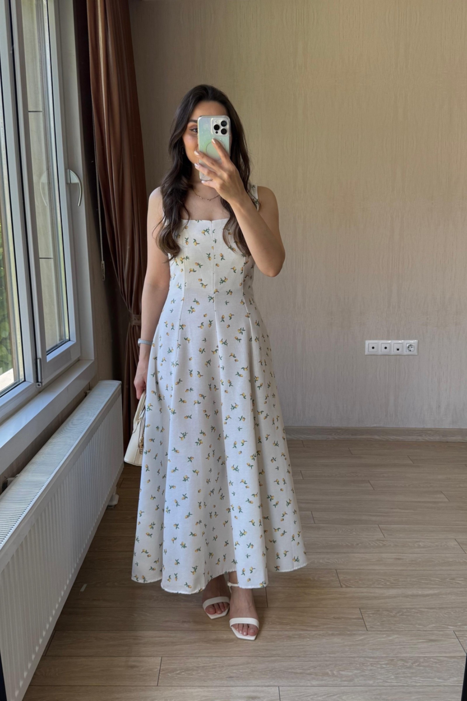 Clara Limon Desenli Kare Yaka Keten Kumaş Elbise