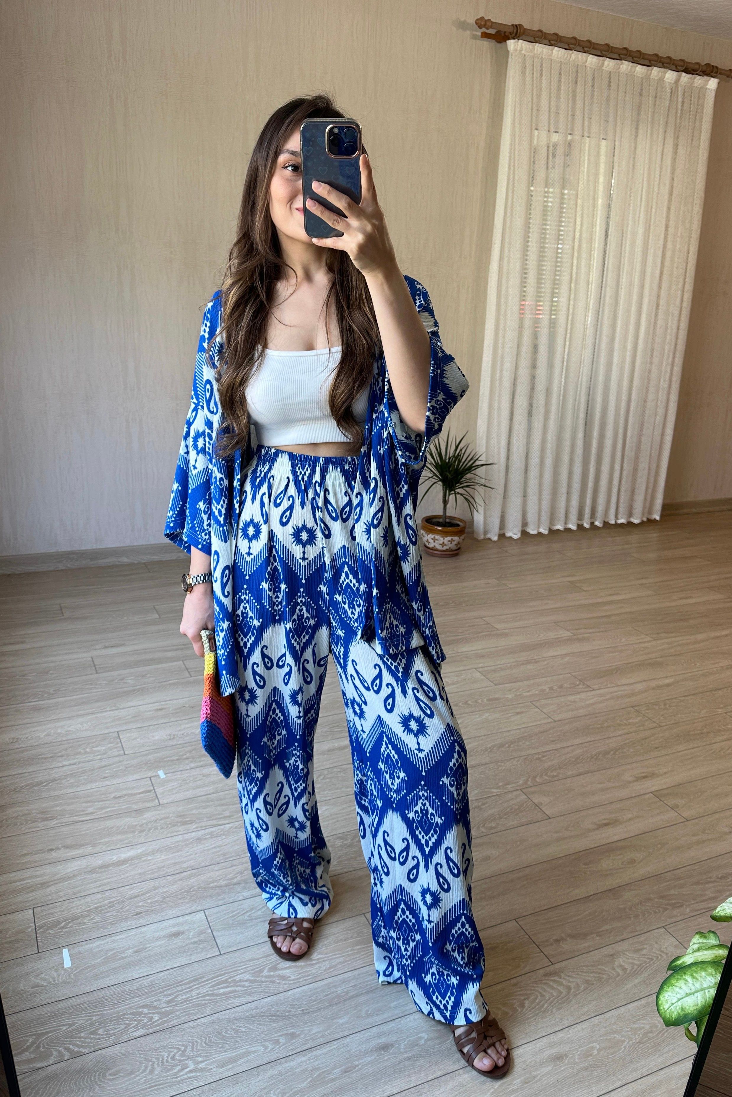 Milano Desenli Kimono Takım - Saks Mavisi