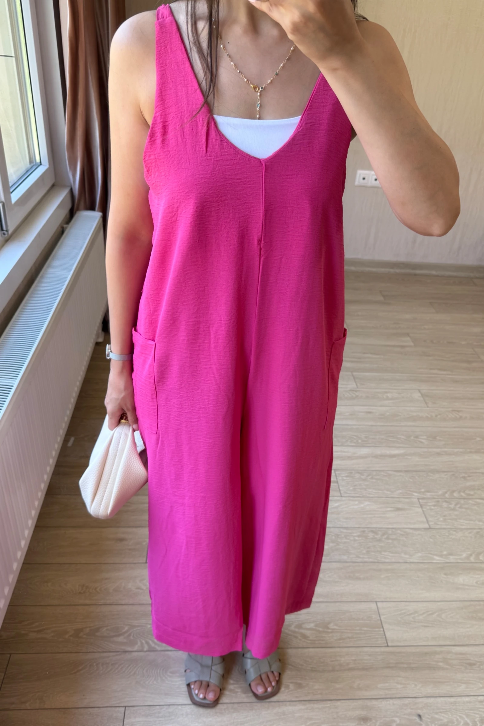 Lesli Arkası Bağlamalı Ayrobin Kumaş Tulum - Fuşya