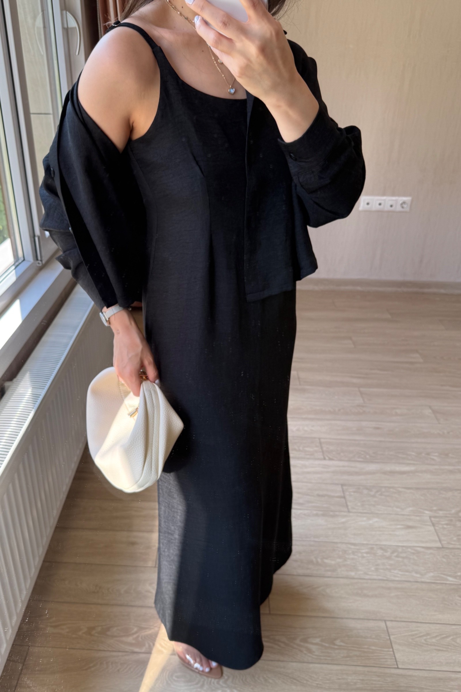 Tessia Maksi Boy Askılı Sofya Keten Kumaş Gömlekli Elbise Takım - Siyah