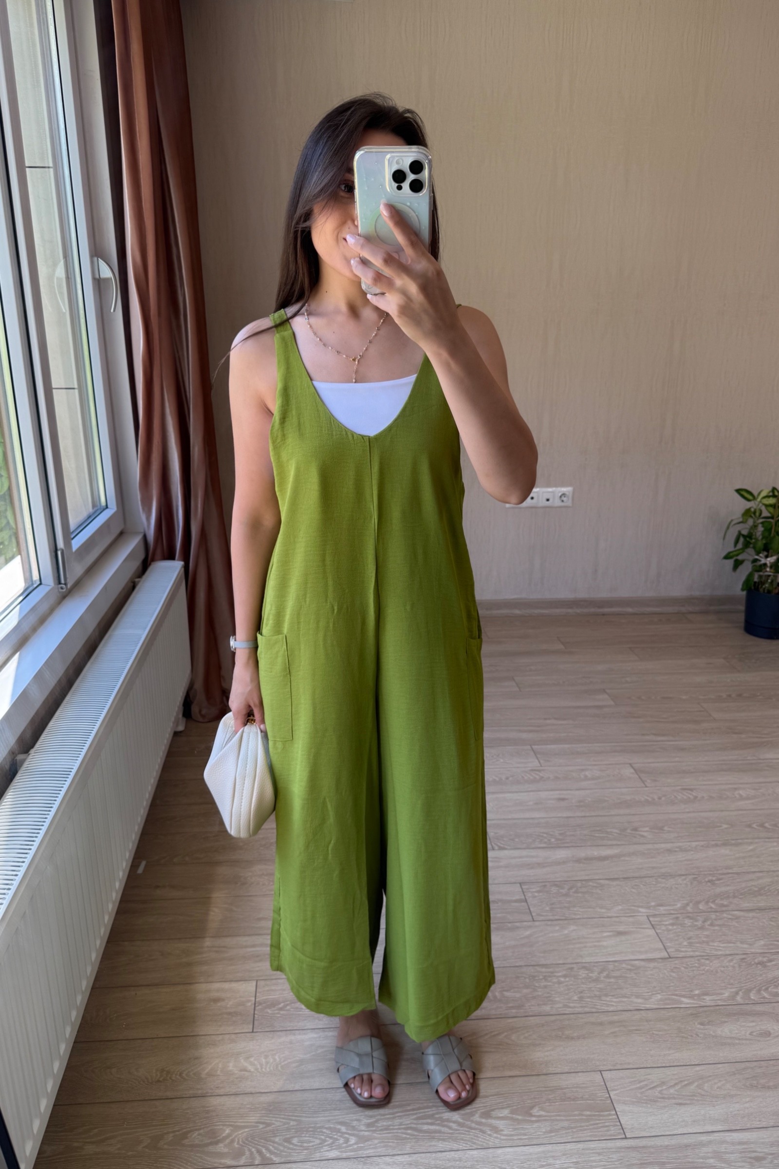 Lesli Arkası Bağlamalı Ayrobin Kumaş Tulum - Yağ Yeşili