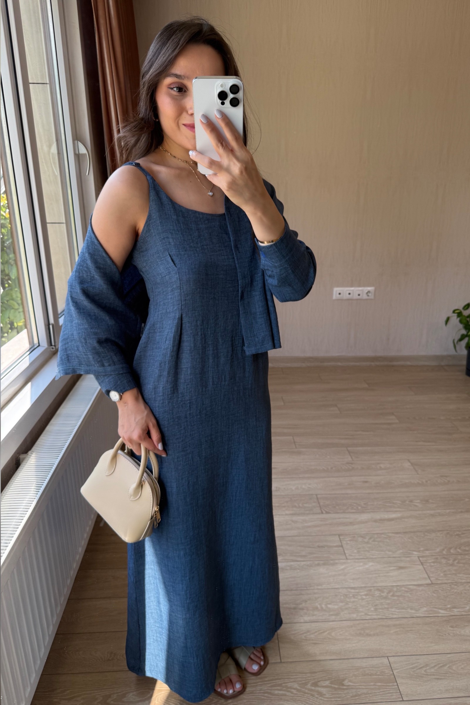Tessia Maksi Boy Askılı Sofya Keten Kumaş Gömlekli Elbise Takım