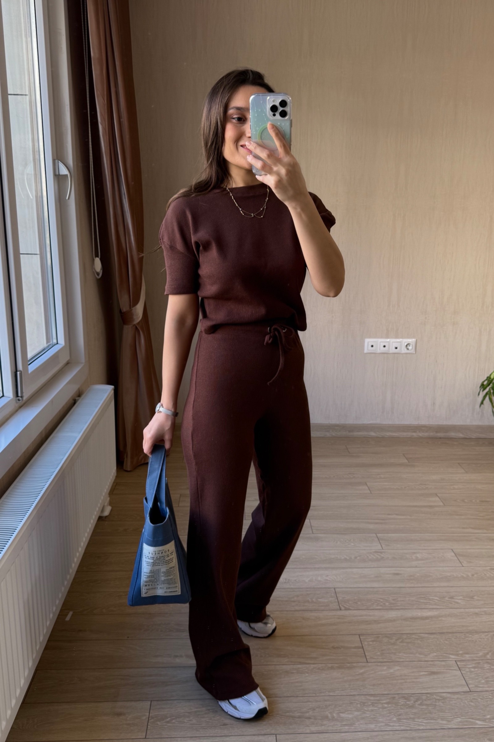 Yanessa Kısa Kollu Fitilli Kumaş Takım - Kahverengi