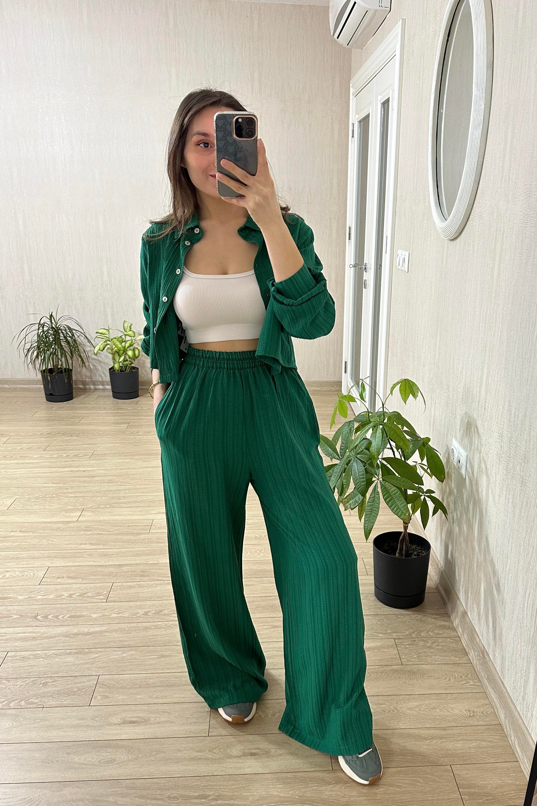 Lena Zümrüt Yeşili Kısa Gömlekli Gofre Takım