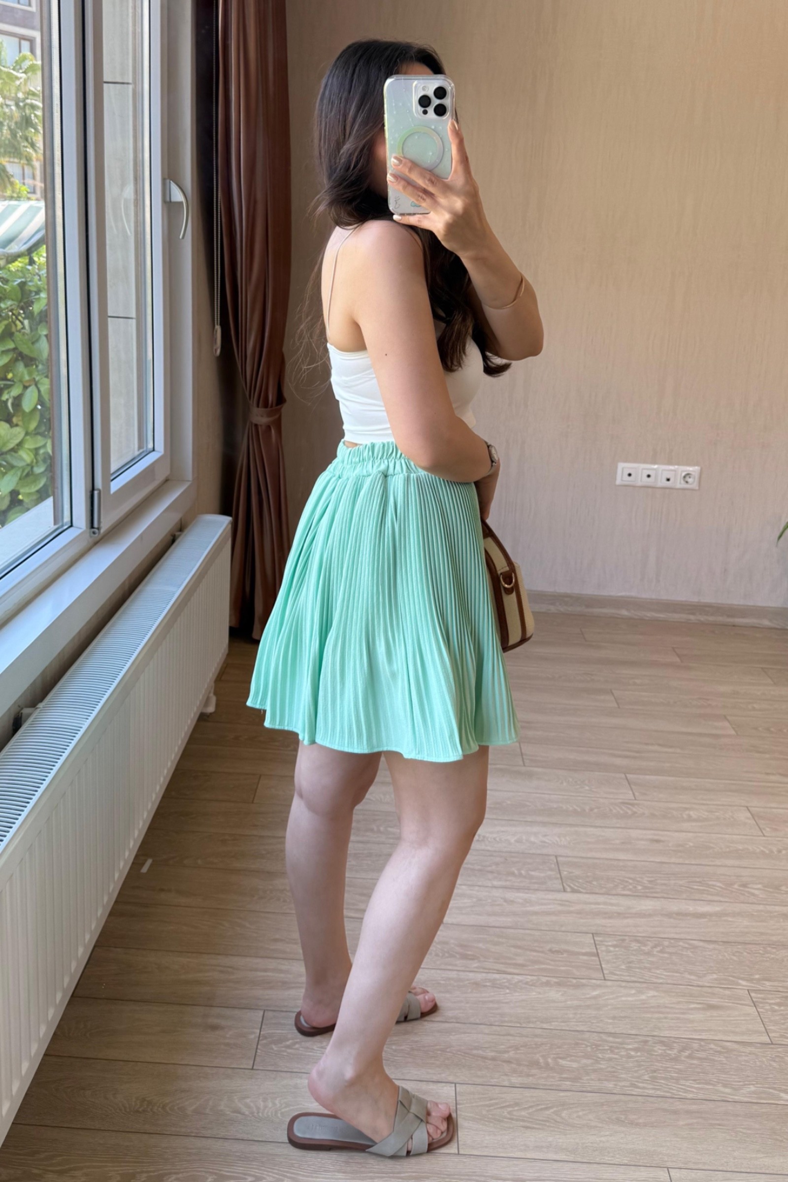 Sonya Pileli Şort Etek - Quzu 