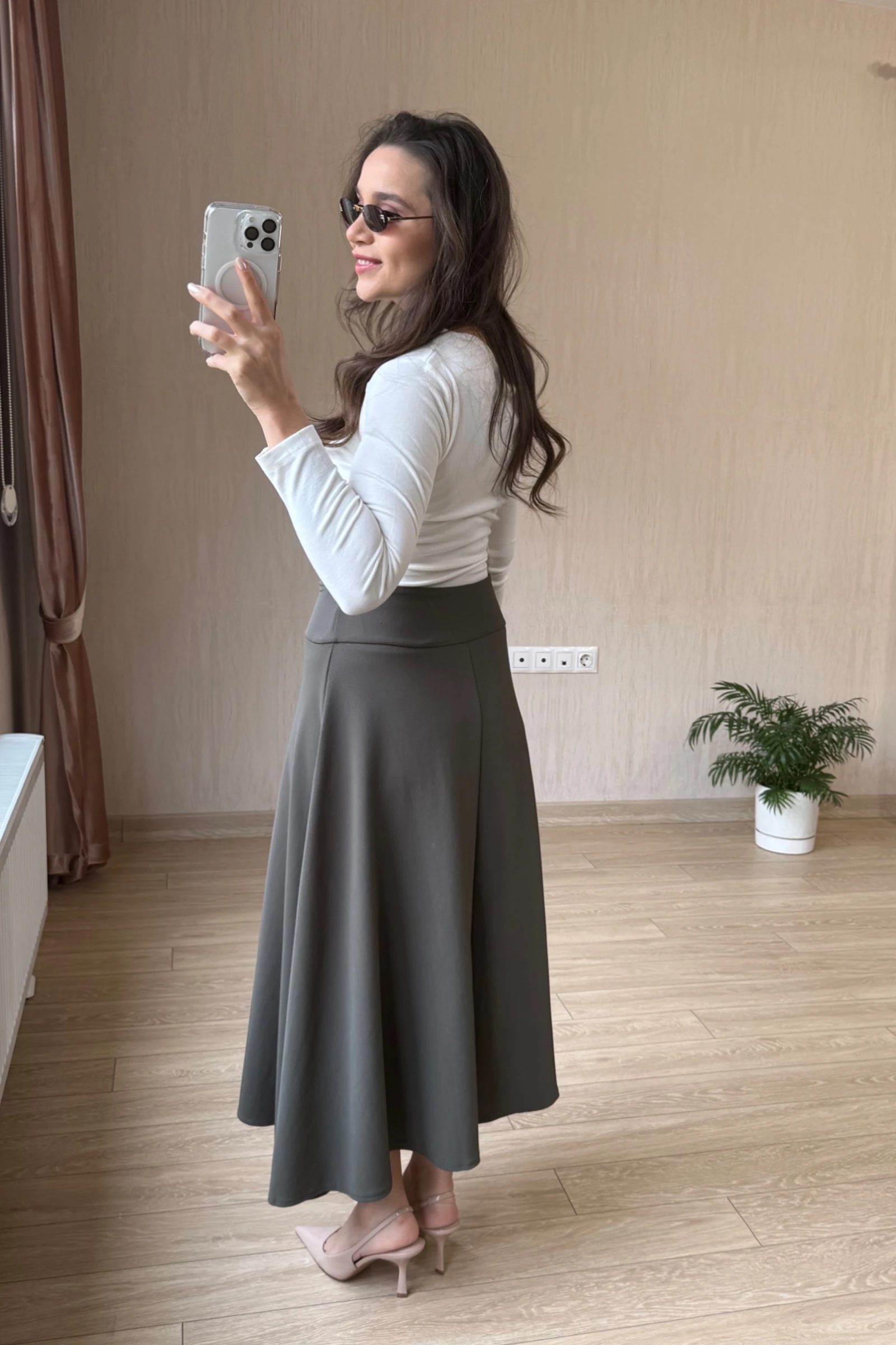 Vivora Diagonel Kumaş Korsaj Kemerli Yandan Gizli Fermuarli Çan Etek - Haki