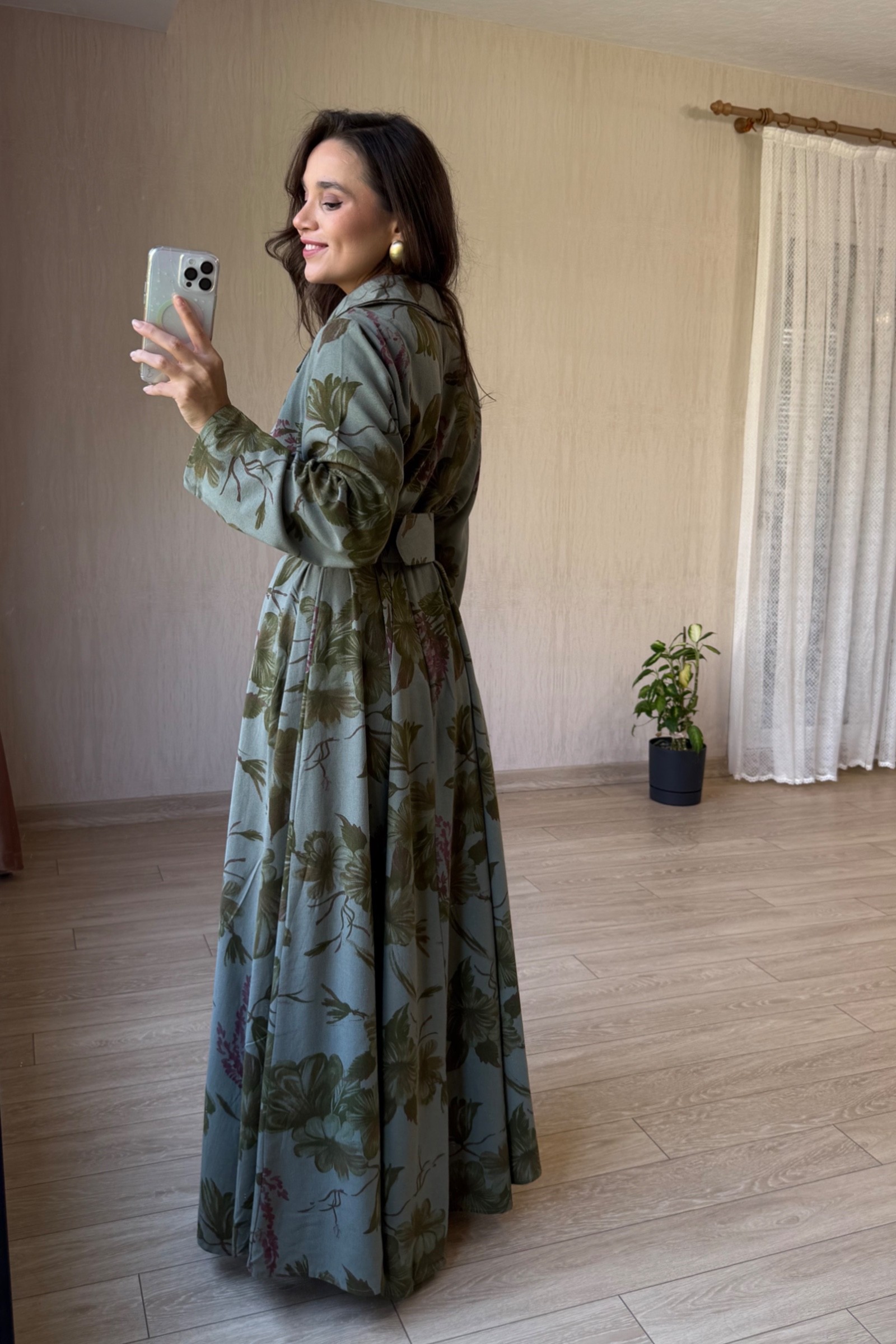 Valentina Oversize Kemerli Keten Kumaş Gömlek Elbise - Haki