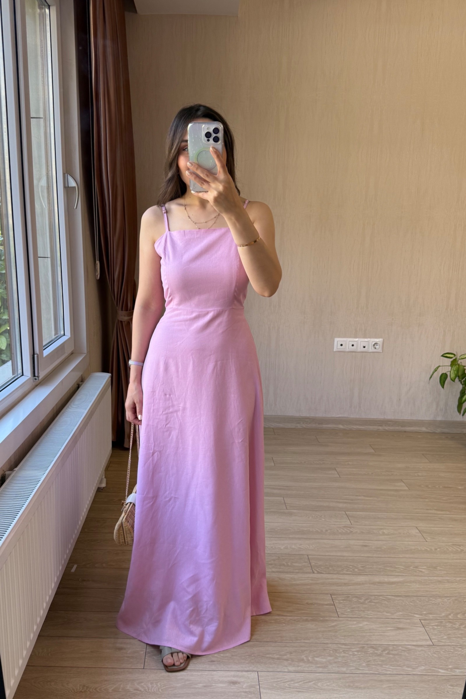 Loria Kemerli Boydan Astarlı Keten Kumaş Elbise