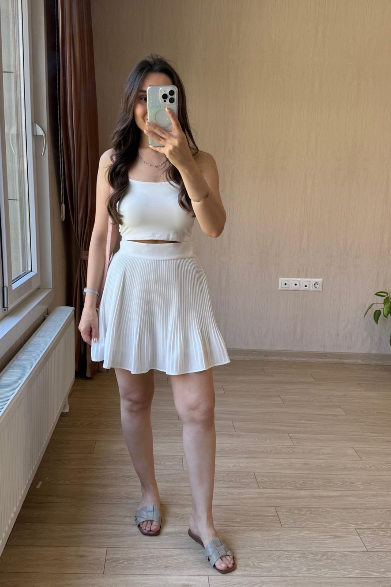 Sonya Pileli Şort Etek - Quzu  - Beyaz