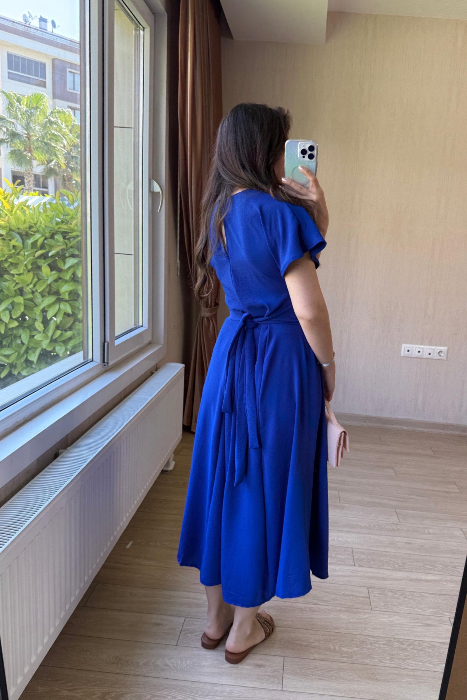 Bianca Belden Bağlamalı Ayrobin Kumaş Elbise - Saks Mavisi