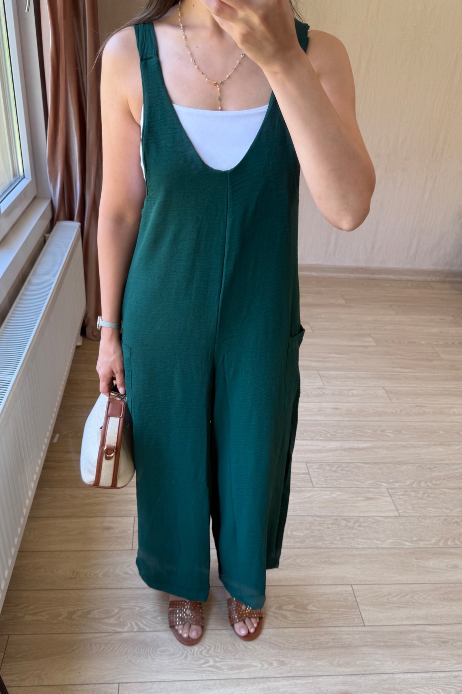 Lesli Arkası Bağlamalı Ayrobin Kumaş Tulum - Zümrüt Yeşili