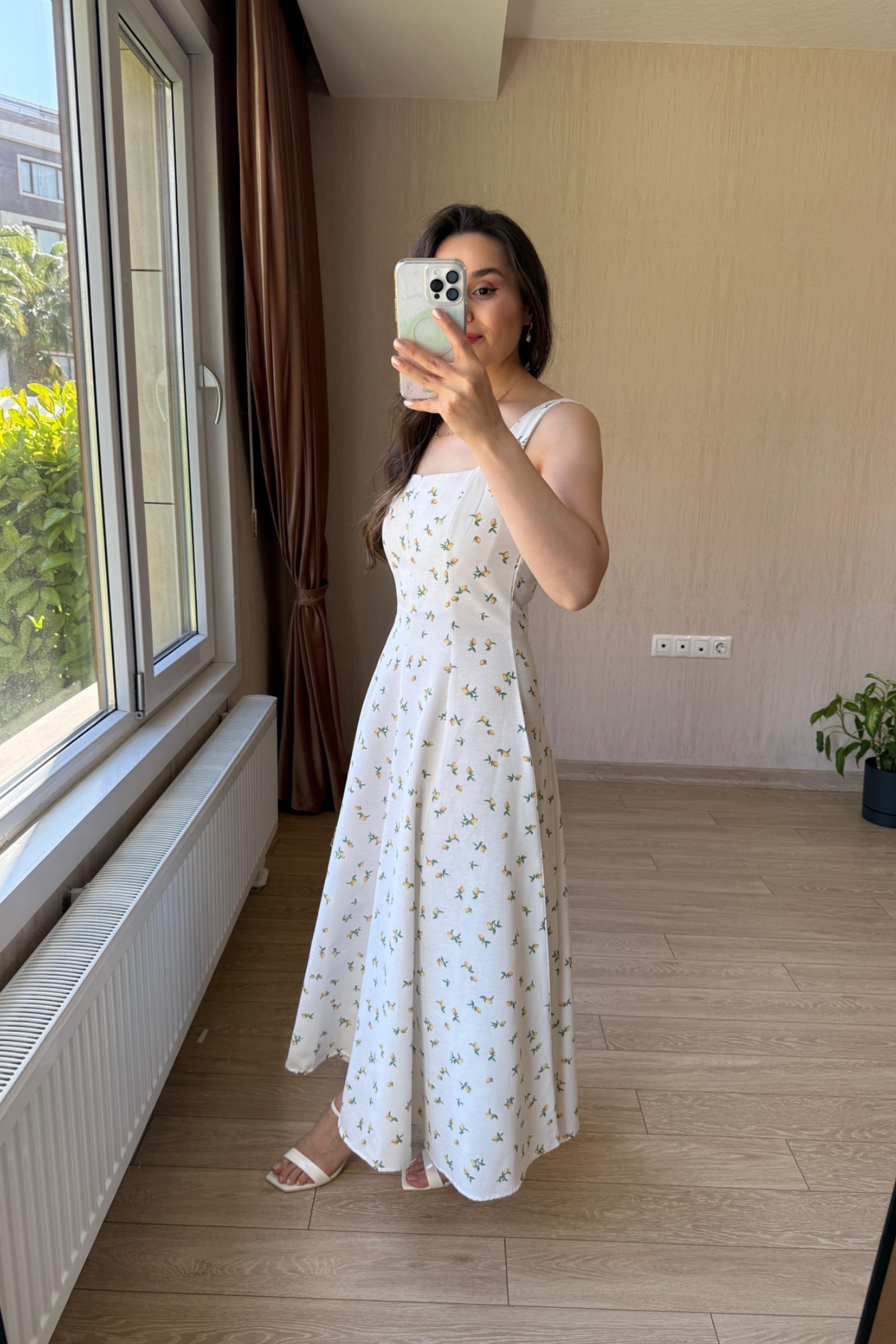 Clara Limon Desenli Kare Yaka Keten Kumaş Elbise