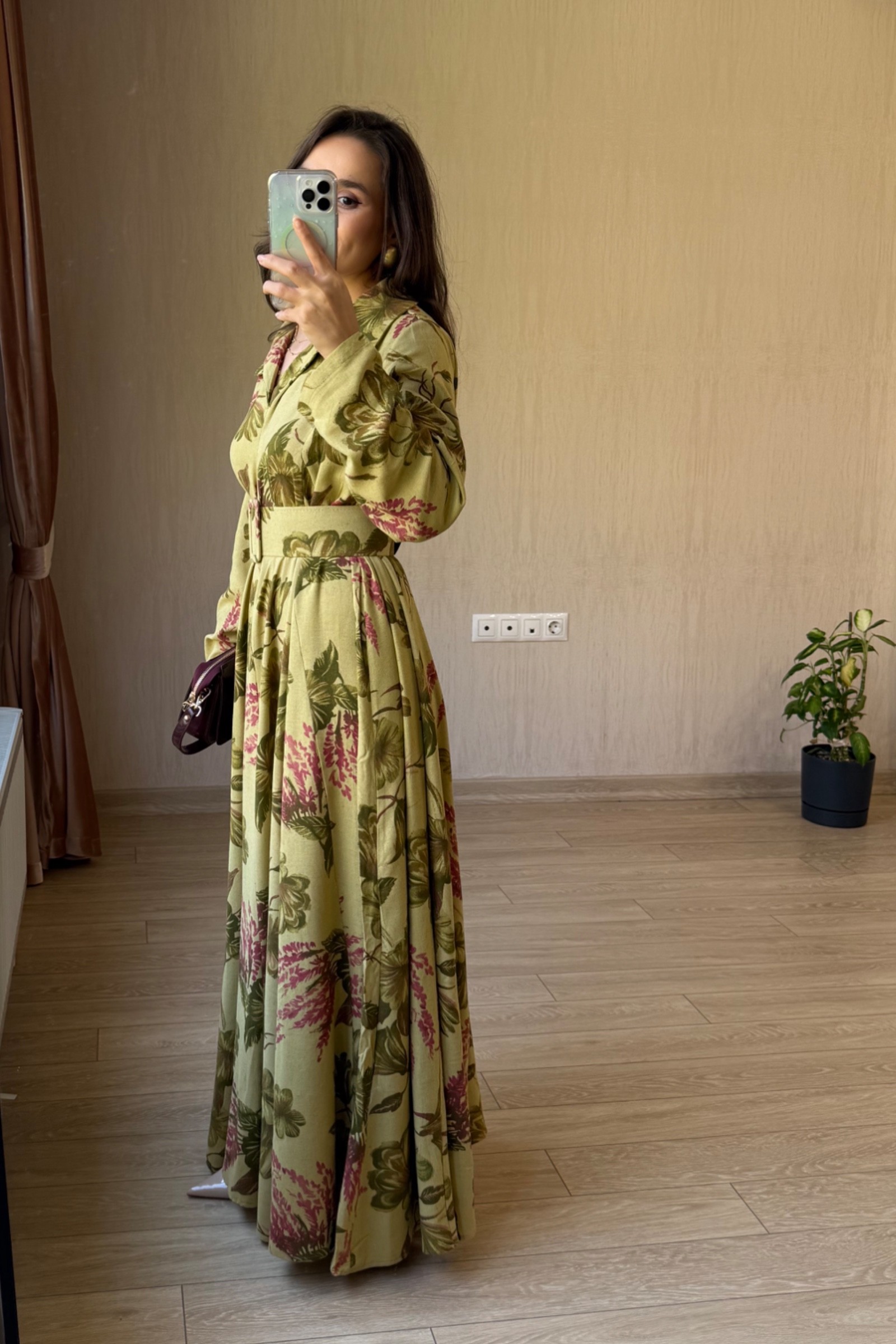 Valentina Oversize Kemerli Keten Kumaş Gömlek Elbise - Yağ Yeşili