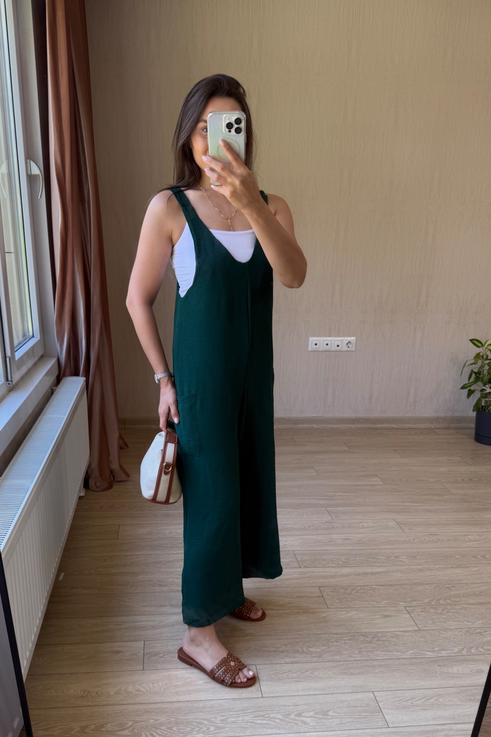 Lesli Arkası Bağlamalı Ayrobin Kumaş Tulum - Zümrüt Yeşili