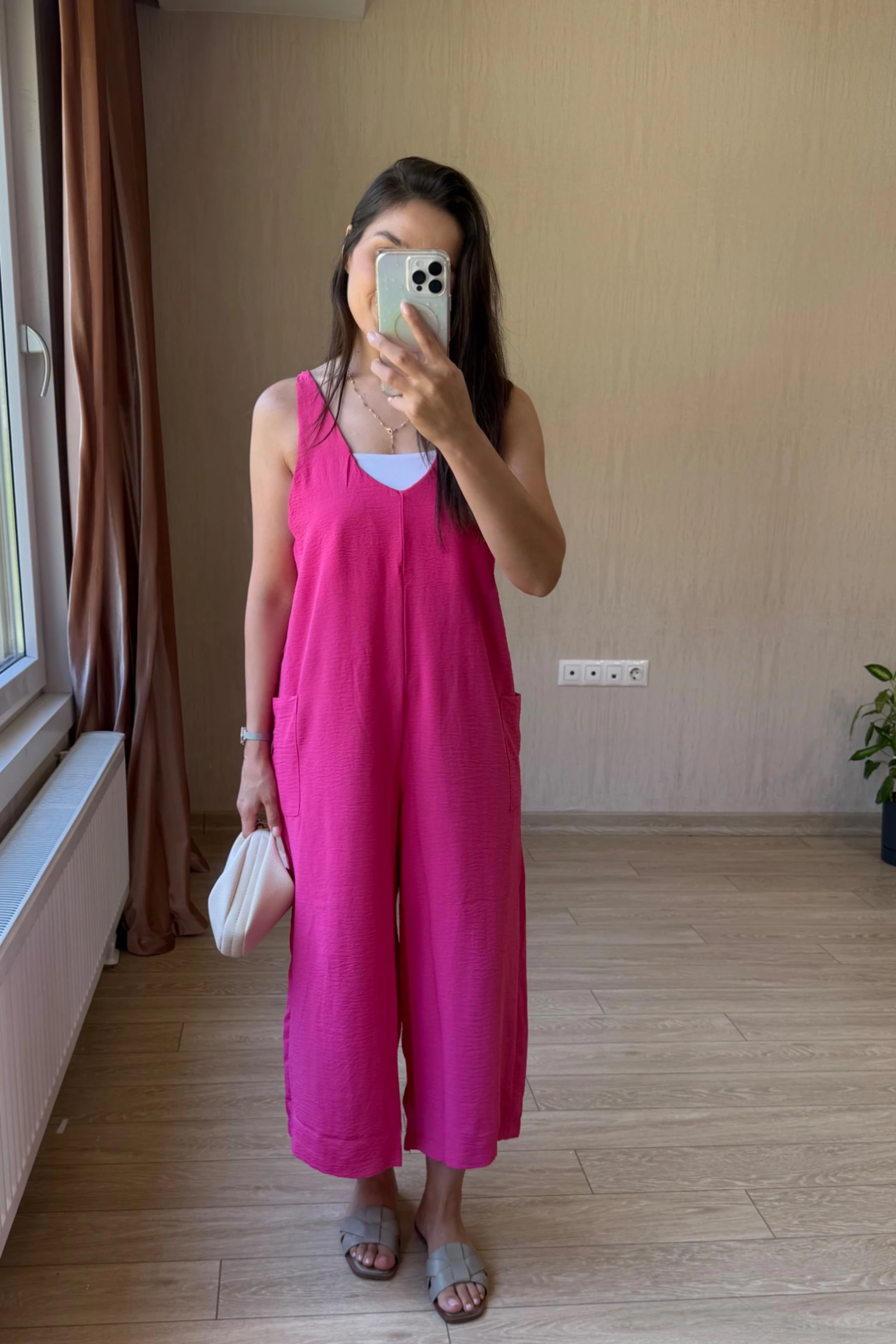 Lesli Arkası Bağlamalı Ayrobin Kumaş Tulum - Fuşya