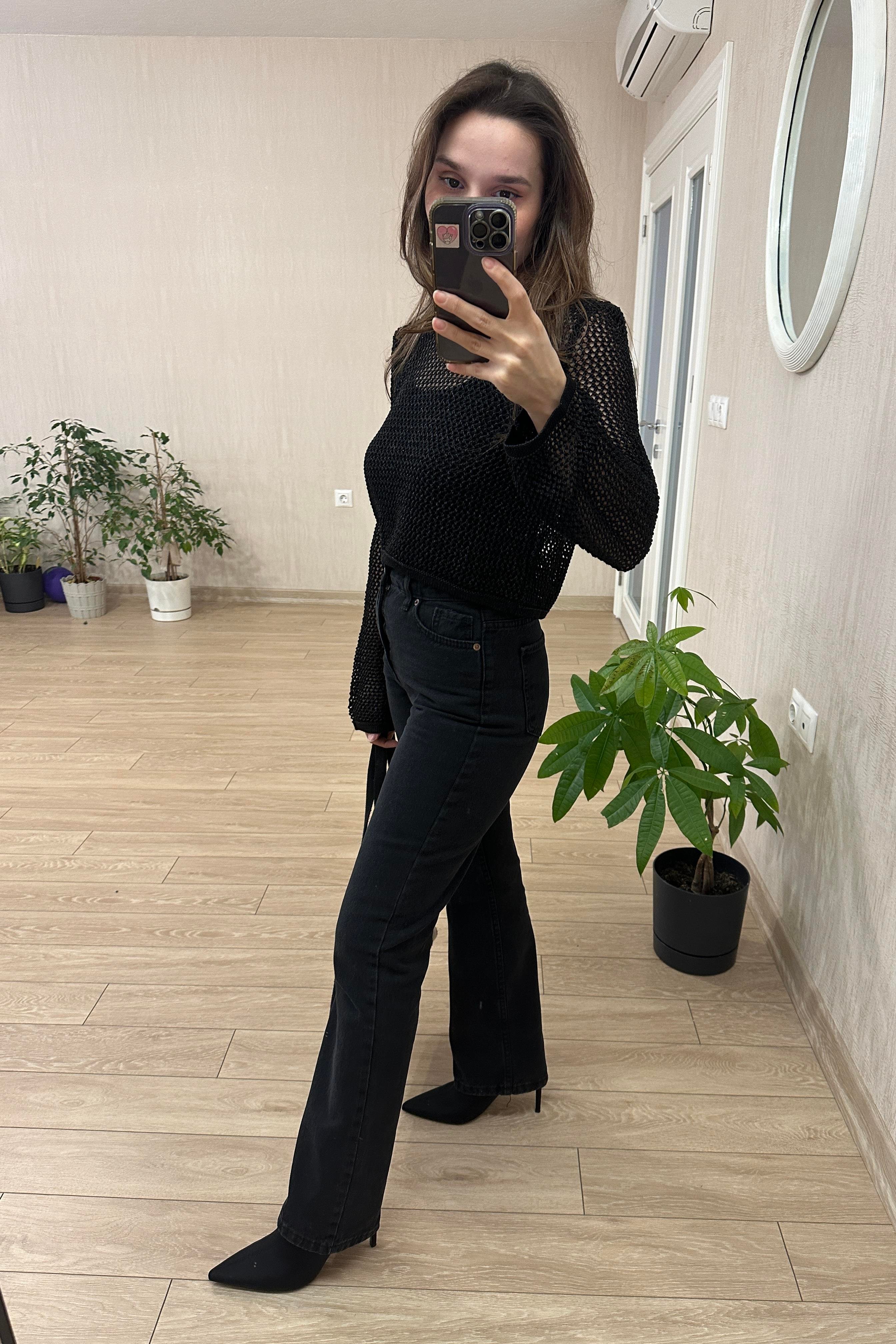 Simli Ajur Desen Bisiklet Yaka Crop Kazak Siyah