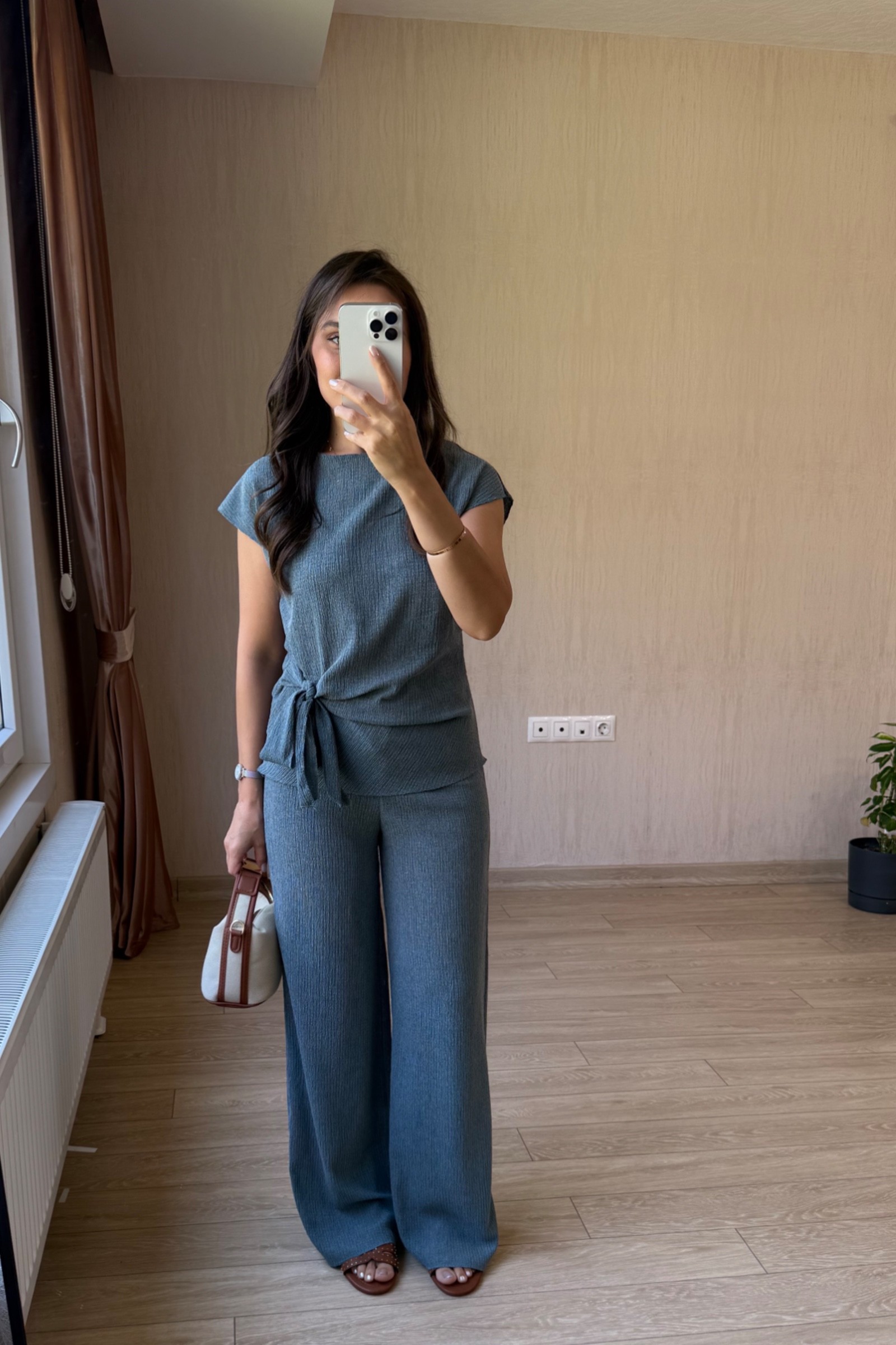 Carina Bağlama Detaylı  Bürümcük Kumaş Takım - Mavi