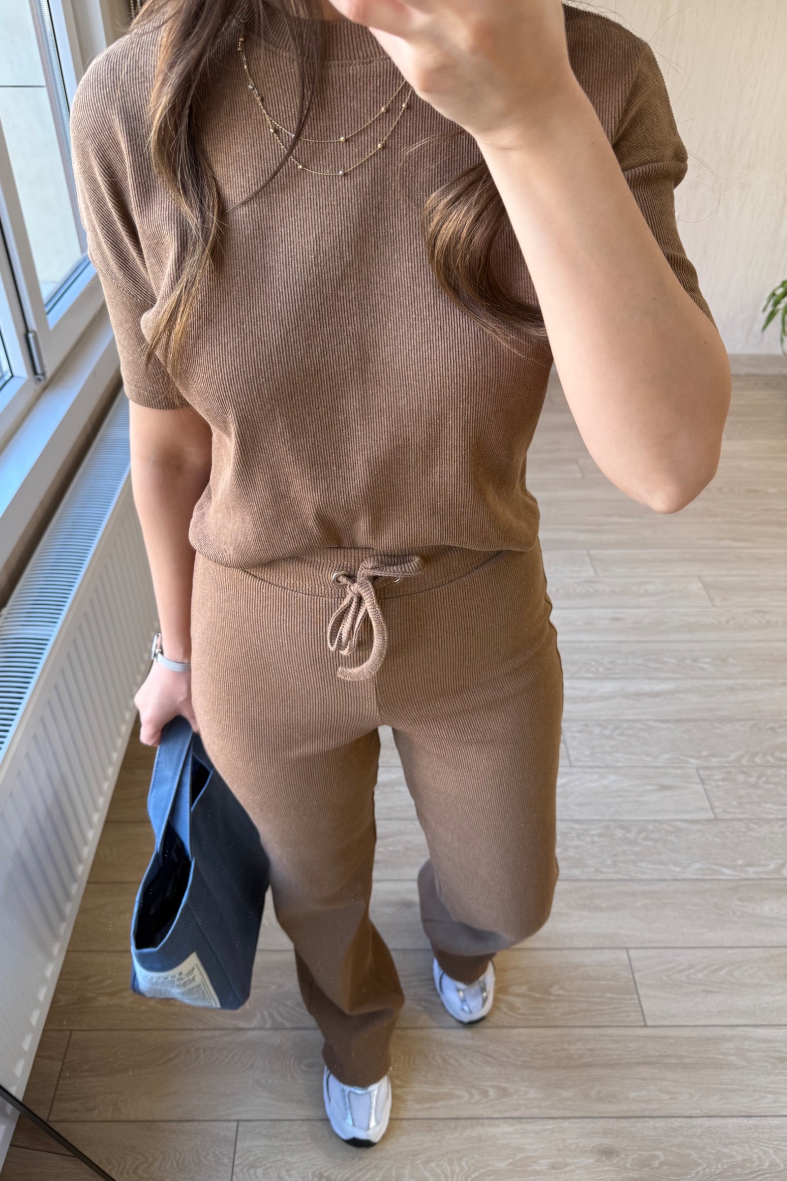 Yanessa Kısa Kollu Fitilli Kumaş Takım - Camel