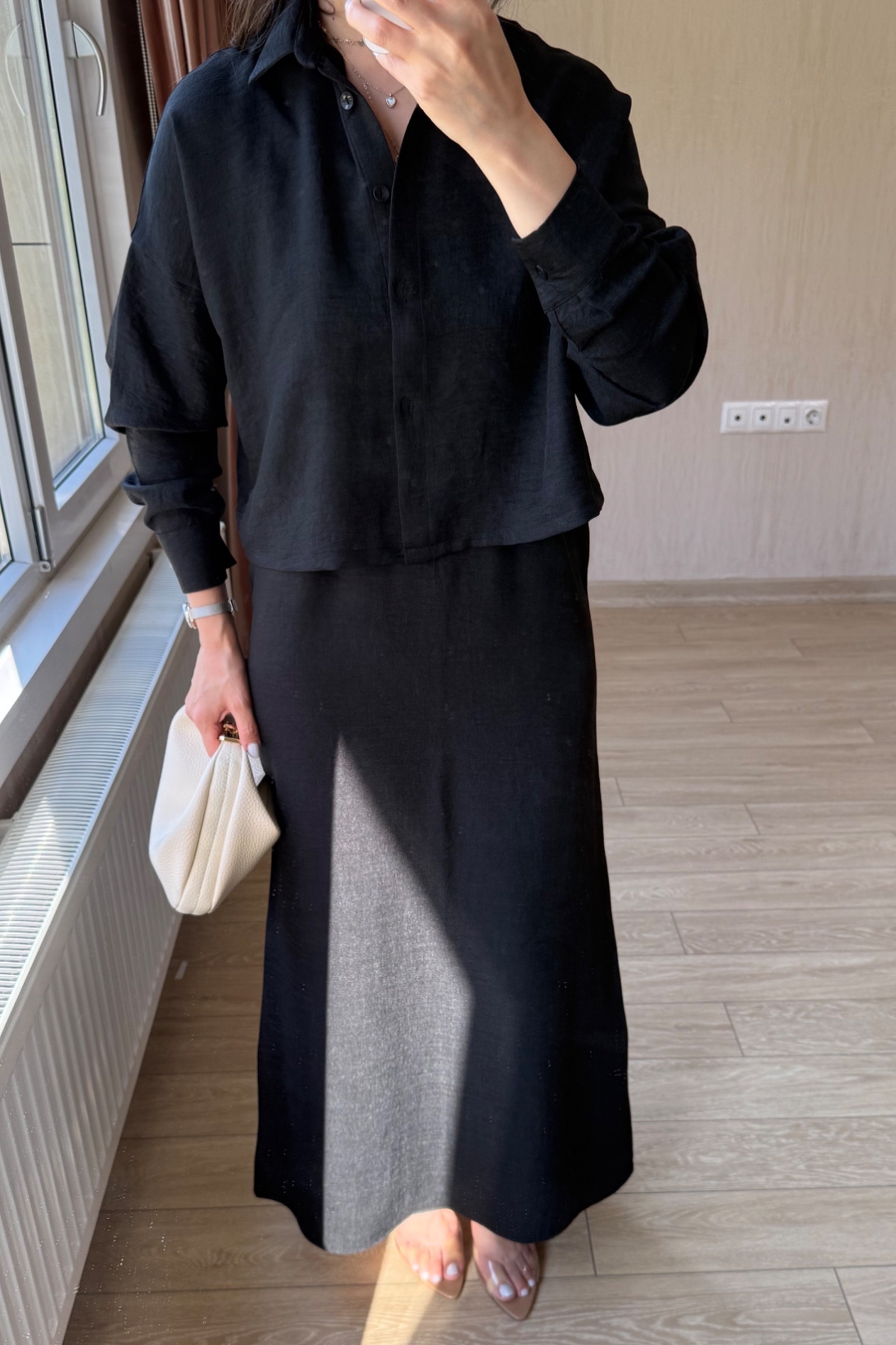 Tessia Maksi Boy Askılı Sofya Keten Kumaş Gömlekli Elbise Takım - Siyah