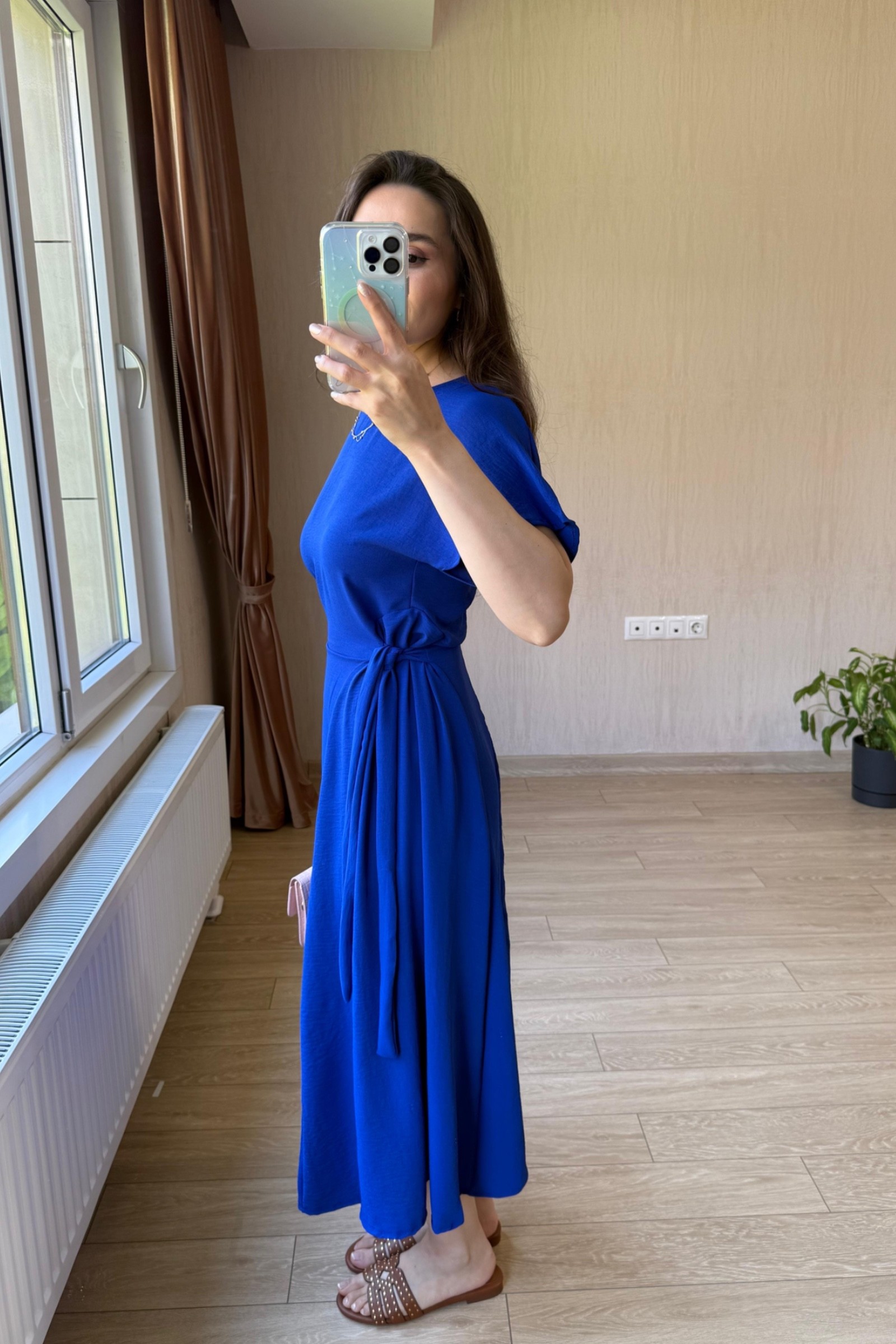 Bianca Belden Bağlamalı Ayrobin Kumaş Elbise - Saks Mavisi