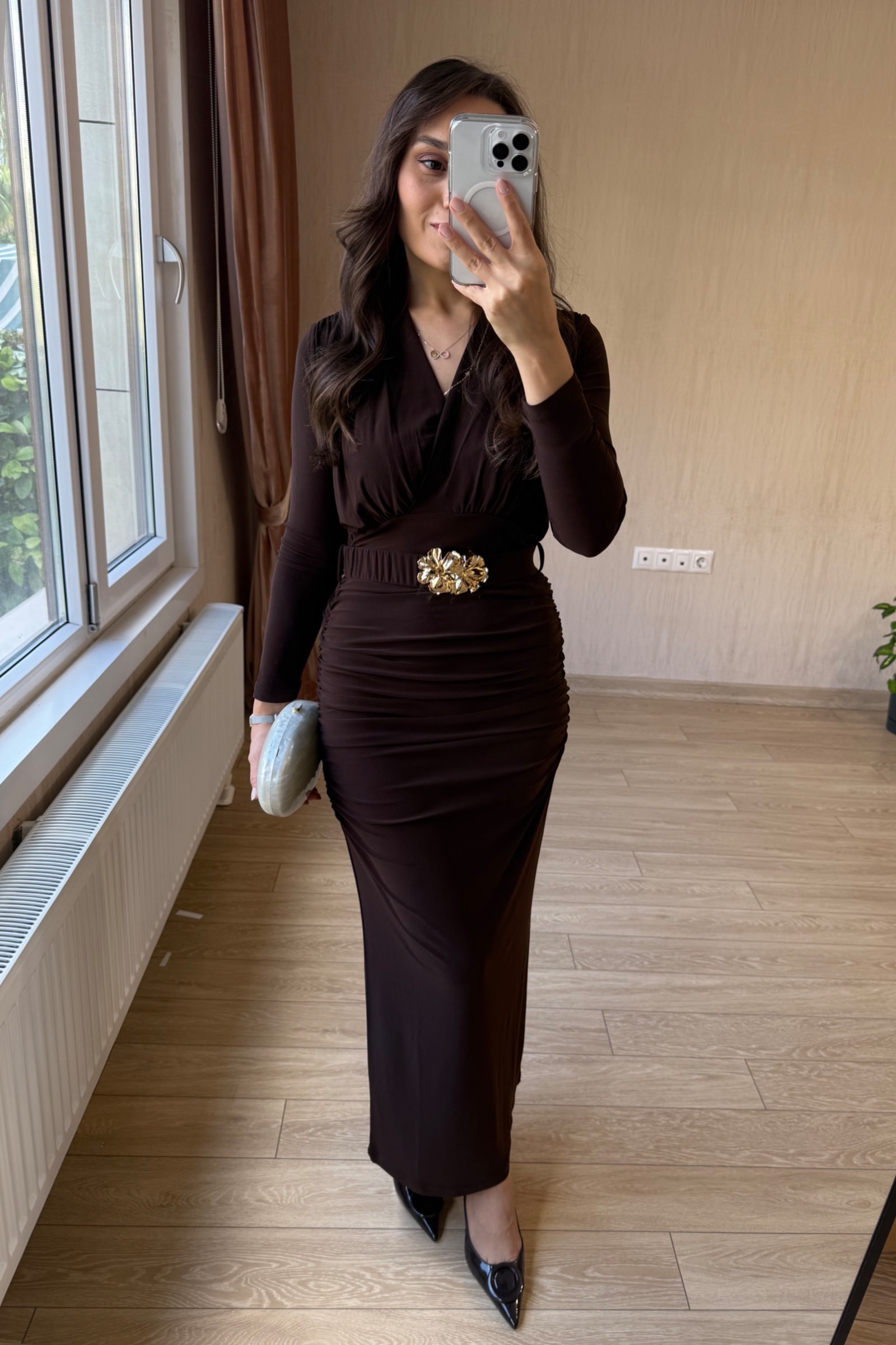 Silvia Yanları Drapeli Kemerli  Elbise - Kahverengi