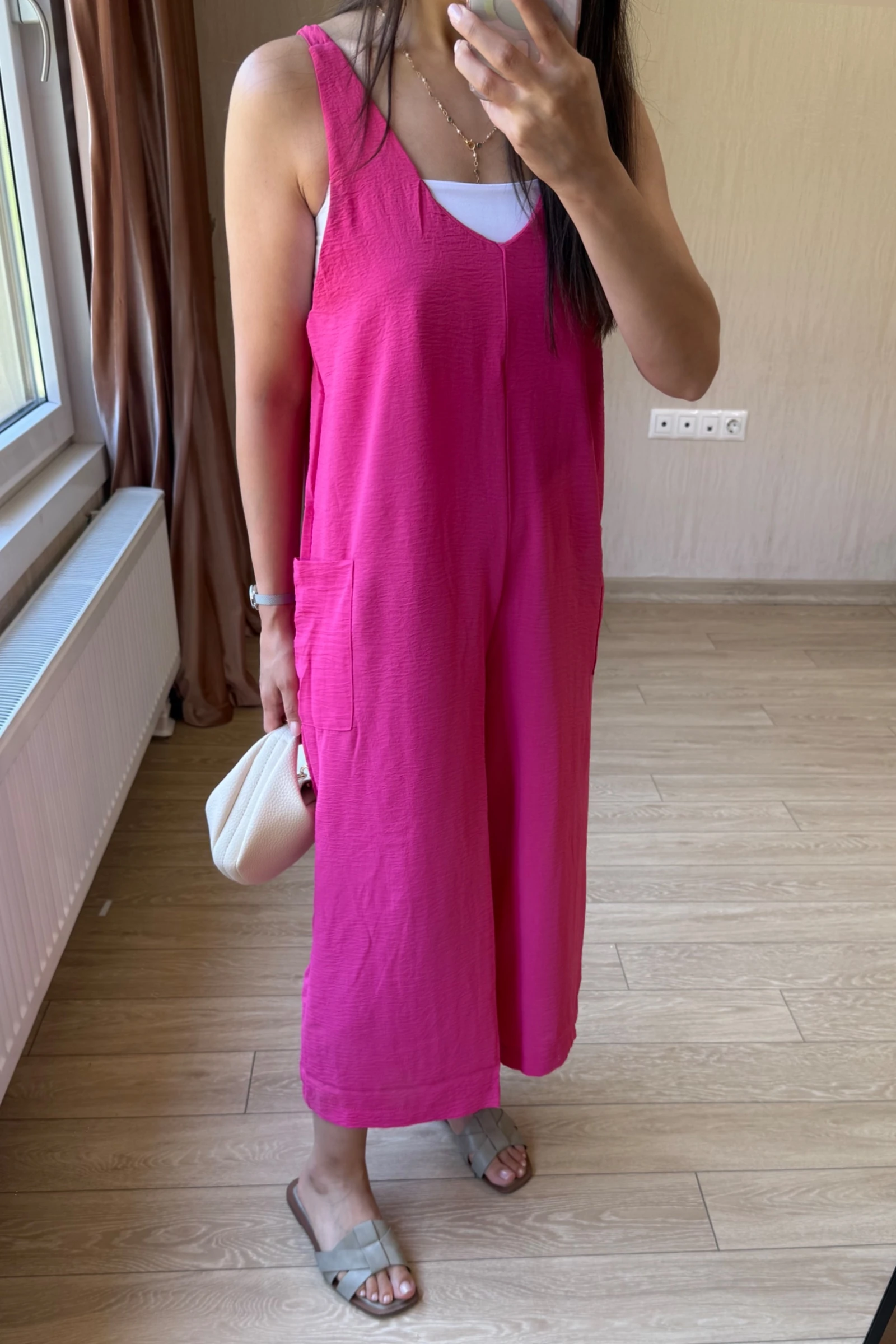 Lesli Arkası Bağlamalı Ayrobin Kumaş Tulum - Fuşya