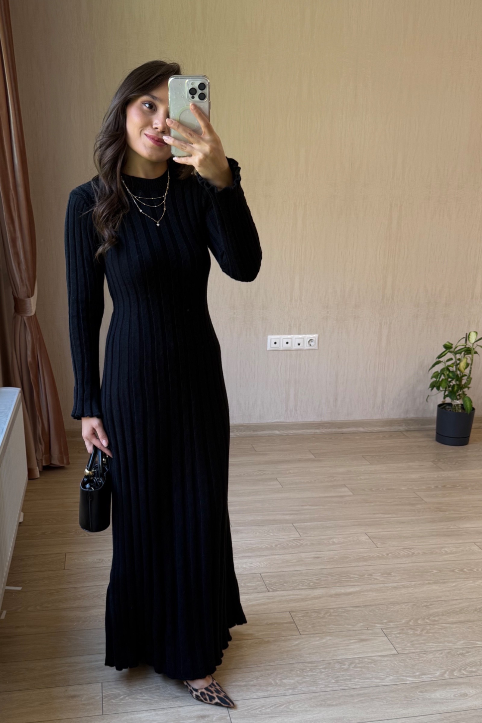 Amor Premium Kumaş Triko Elbise - Siyah