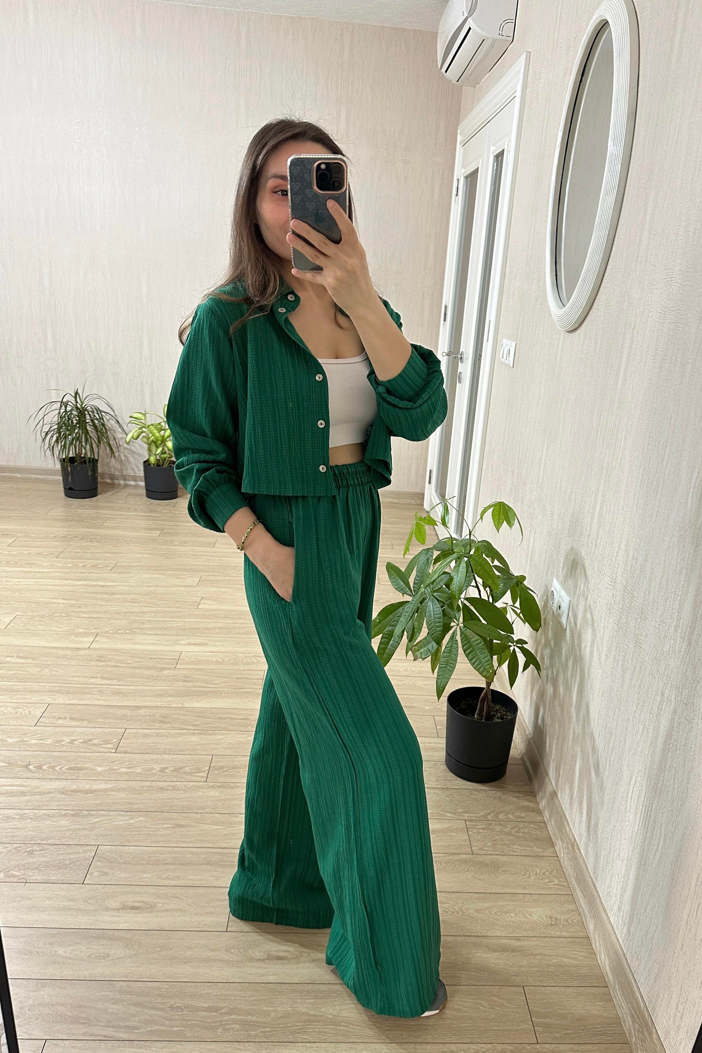 Lena Zümrüt Yeşili Kısa Gömlekli Gofre Takım