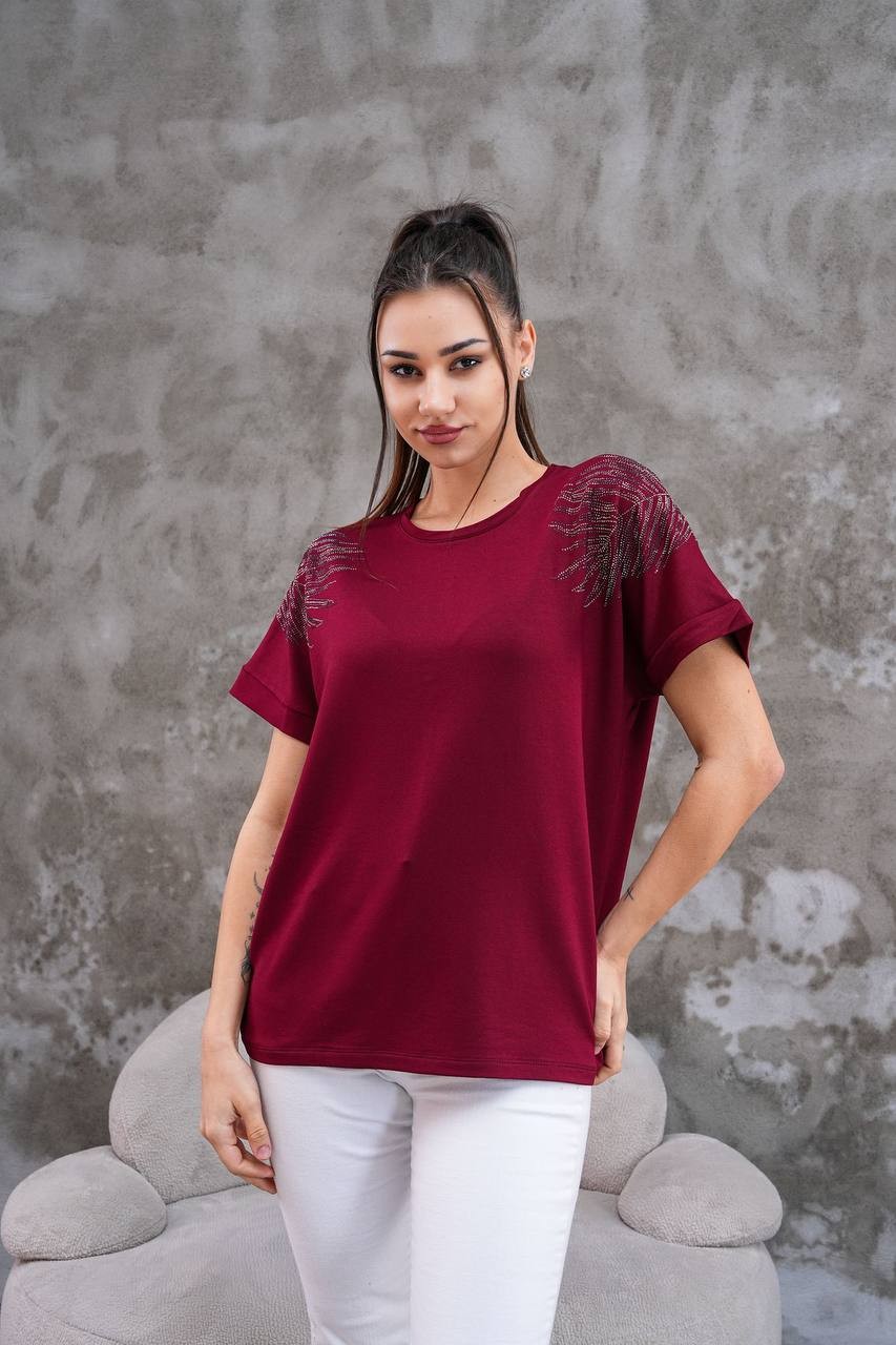 Kadın Taşlı T-Shirt - Bordo