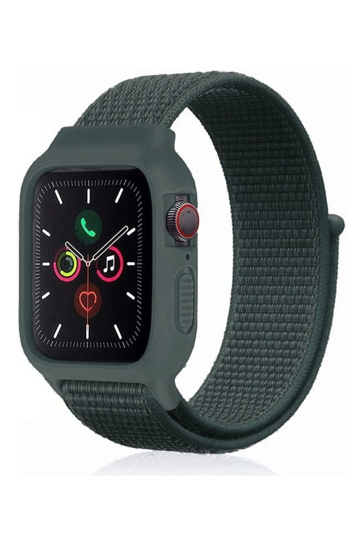 Apple Watch 42mm Hasırlı Cırtcırtlı Kasalı Kordon - Haki Yeşil