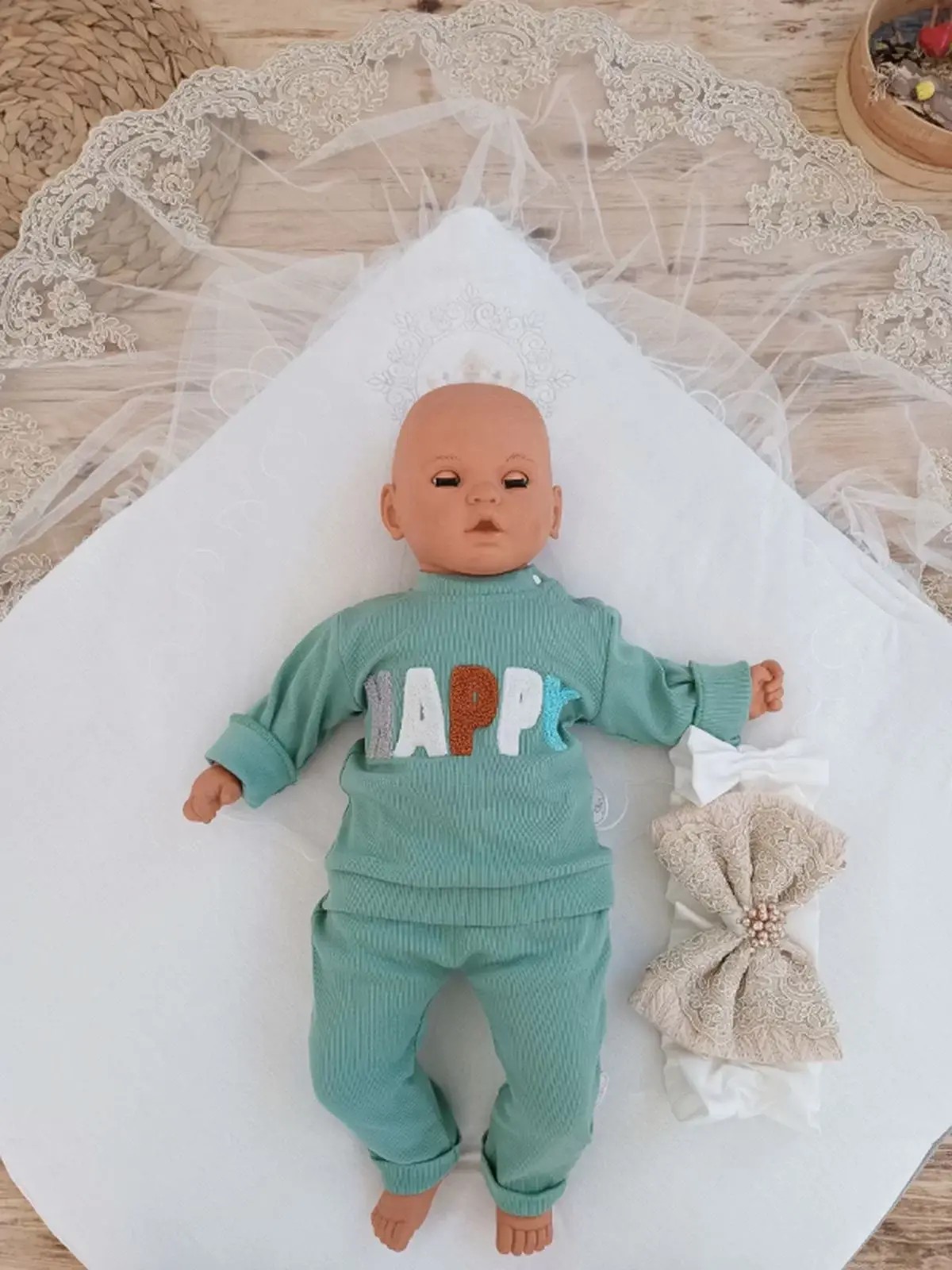 Yenidoğan Teri Cotton Taç Nakışlı Prizma Taş Kundak Bebek Battaniyesi