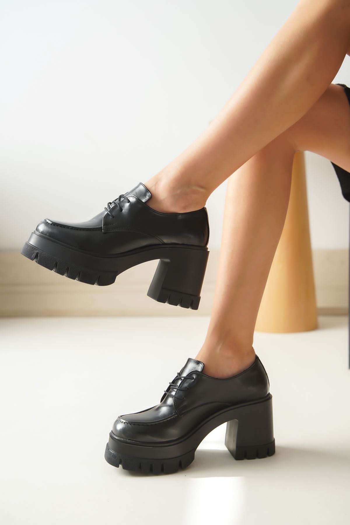 NVL-507 Siyah Günlük Yüksek Topuklu Platform Loafer Kadın Ayakkabı