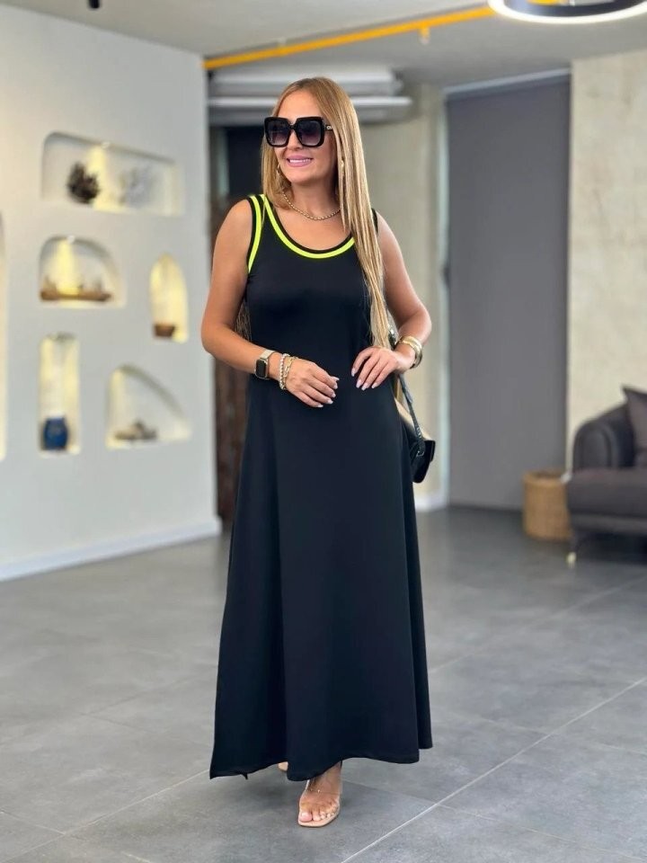 Kadın Kristal Kumaş Askılı Maxi Boy Biyeli Elbise